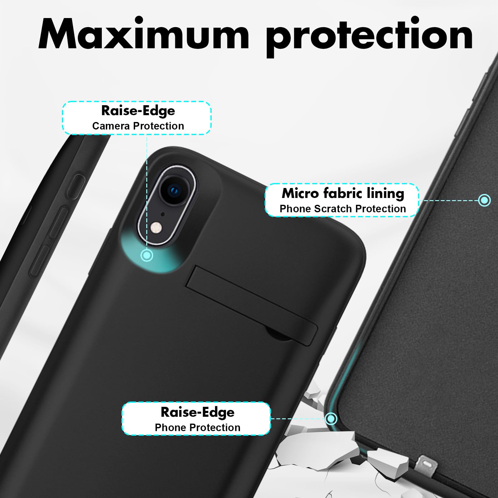 Cover Batteria per iPhone XR (6,1"), 8500mAh Custodia Batteria Protettiva a 360° per Caricabatterie Portatile con Supporto, Powerbank Portatile Ricaricabile ed Espandibile per iPhone XR (Nero)