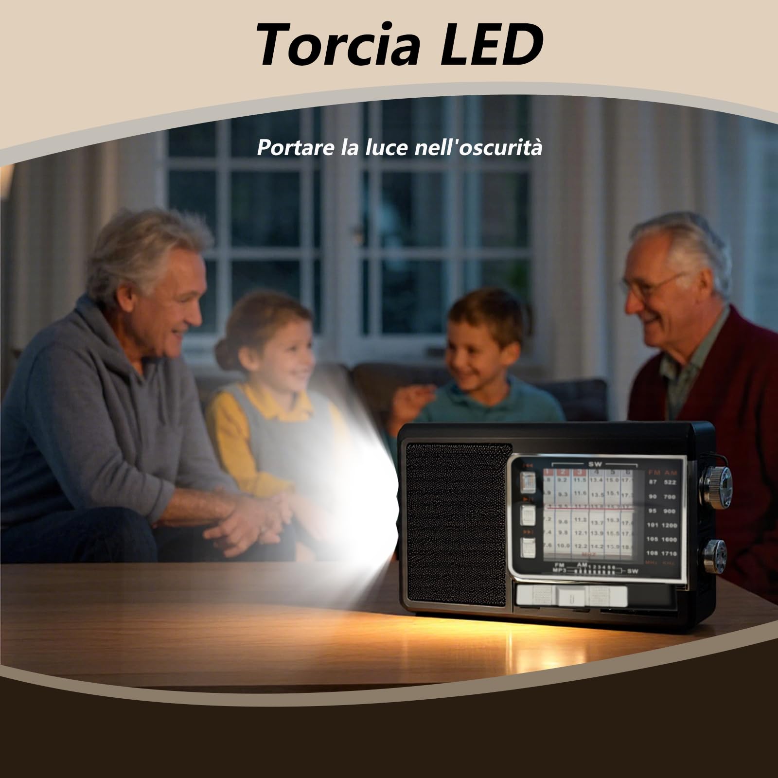 Radio Portatile con Pannello Solare e Batteria 1200mAh, Ricevitore AM/FM/SW1-6 con Altoparlante 8W/TWS/USB/TF, Torcia, Radio Bluetooth Ricaricabile per Camping, Emergenze, Esterno