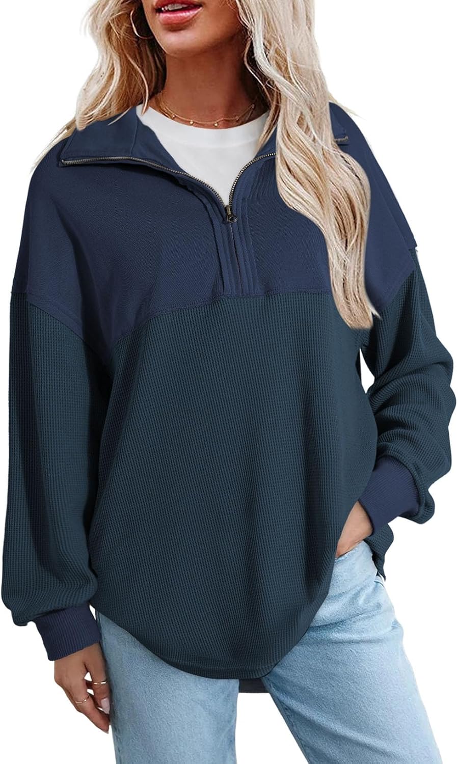 SHEWIN Womens Fall Sweatshirt Casual Waffle Knit Half Zip Pullover Loose Long Sleeve Tops