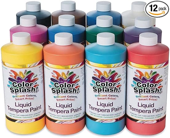 S&S Worldwide Color Splash! Liquid Tempera Bulk Paint, Set of 12 in 11 Bright Colors, 32-oz Easy-Pour Bottles, Great for Arts & Crafts, School, Classroom, Poster Paint, For Kids & Adults, Non-Toxic.