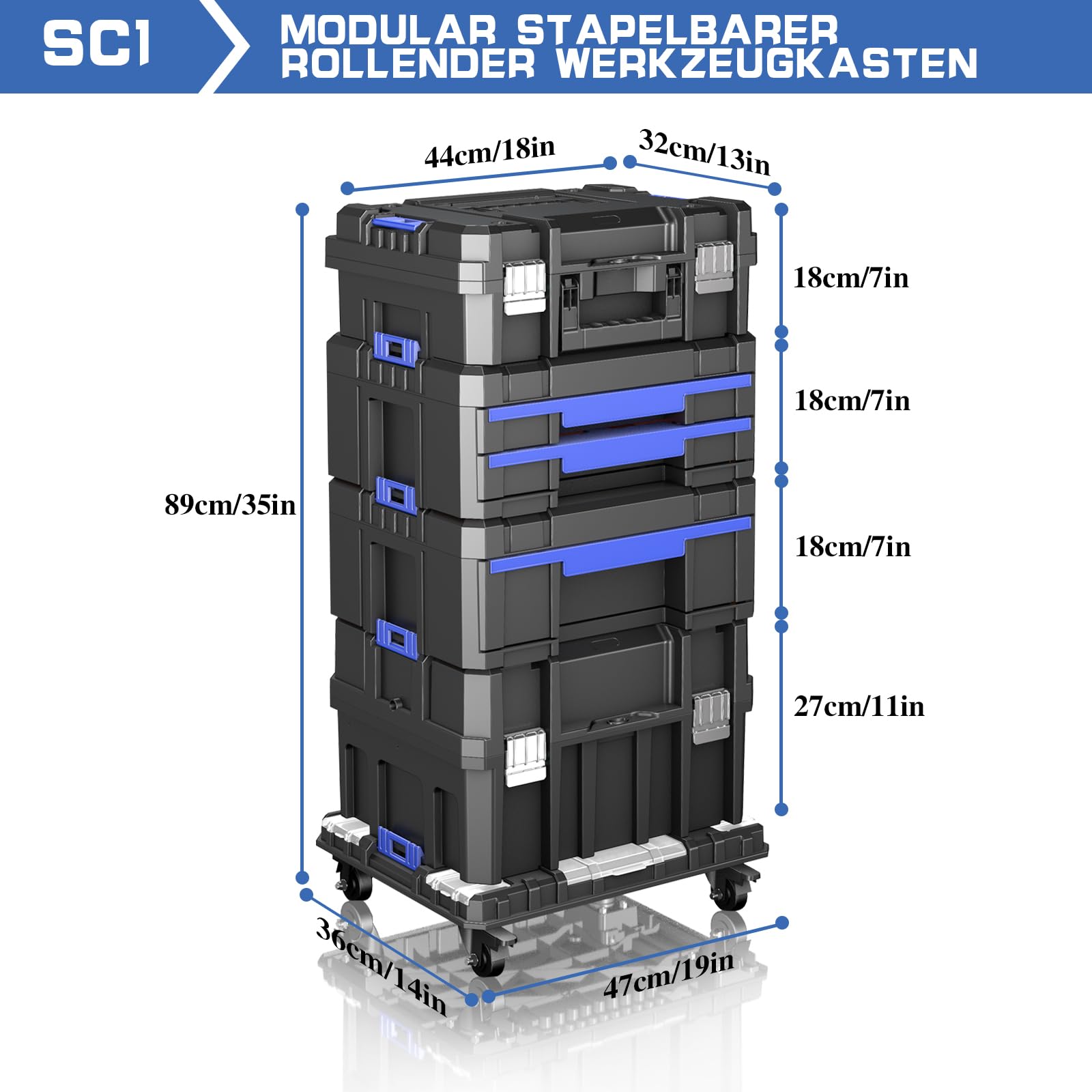 Caja de herramientas de 5 capas vacía con ruedas, modular, caja de herramientas apilable, caja de herramientas portátil vacía con cajón, resistente y duradera, para garajes, reparaciones domésticas