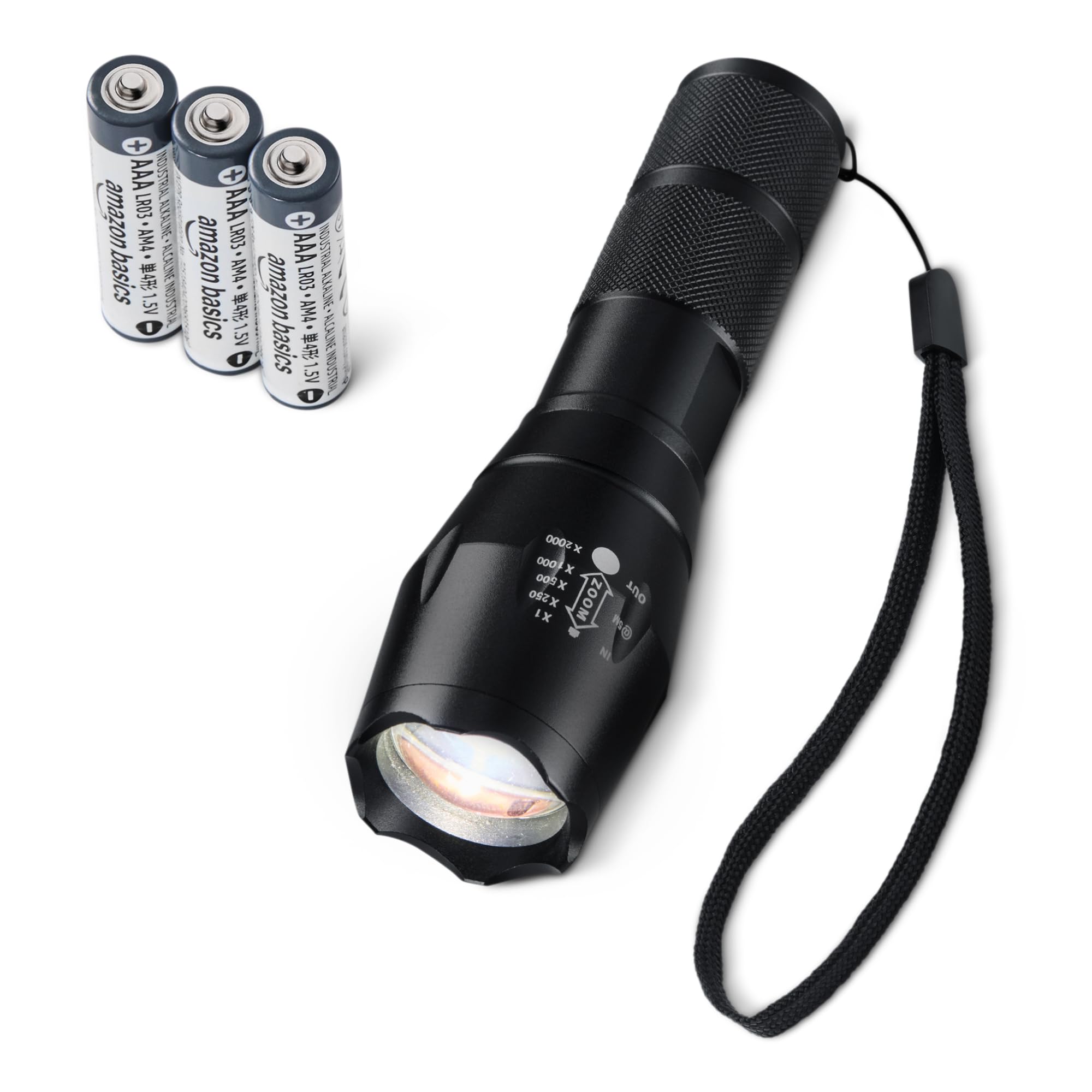 Amazon Basics Torcia LED Portatile con 5 Modalità di Illuminazione - Torcia 200 Lumen con Zoom - Torcia in Alluminio Resistente all'Acqua con Cordino - Batterie Incluse - Nero