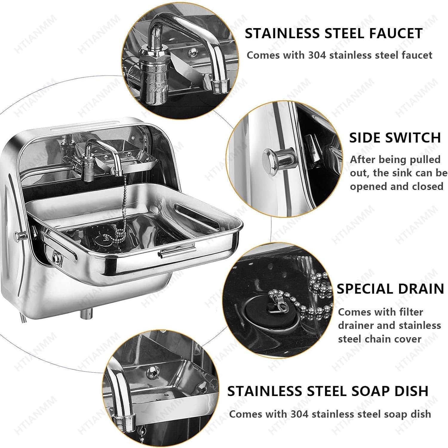 Lavello pieghevole da parete con coperchio e rubinetto per casa mobile, barca, roulotte, furgoni, camper, roulotte, roulotte, barche, camper, lavello in acciaio inox 304