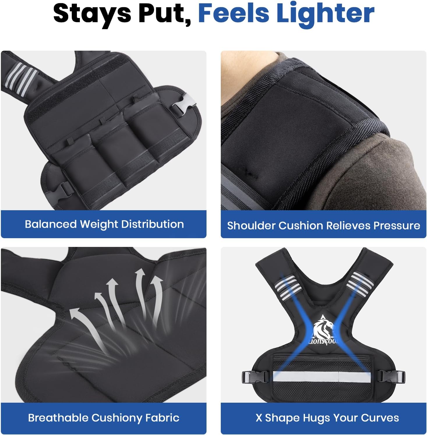 LIONSCOOL Weighted Vest for Men and Women, 4-10LB/11-20LB/20-32LB Adjustable Body Weight Vest with 6 Ironsand Weights & Reflective Stripes for Weight loss, Walking, Running, Cardio and Strength Training