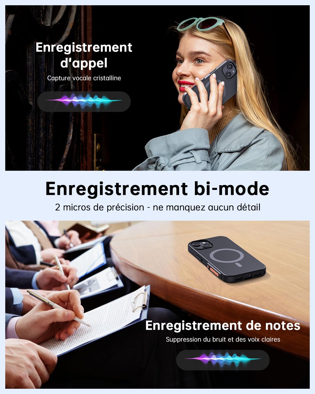 Enregistreur Vocal IA avec Étui Téléphone, Contrôle par App Transcription et Résumé IA Charge 80+ Langues, Enregistreur Vocal Numérique pour Conférences Réunions Appels Compatible avec iPhone 15