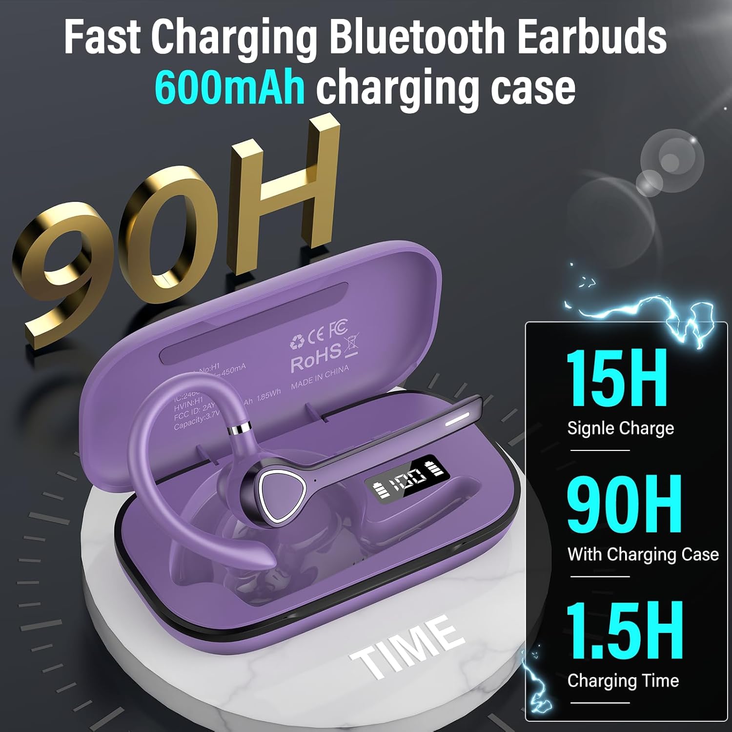 Bluetooth Headset with APTX HD Audio, Wireless Hands-Free Earpiece with CVC 8.0/ENC Dual Mic, Mute Button & Dual Device Connection, 90H Playtime Single-Ear Headphone for Trucker, Business, Purple‌