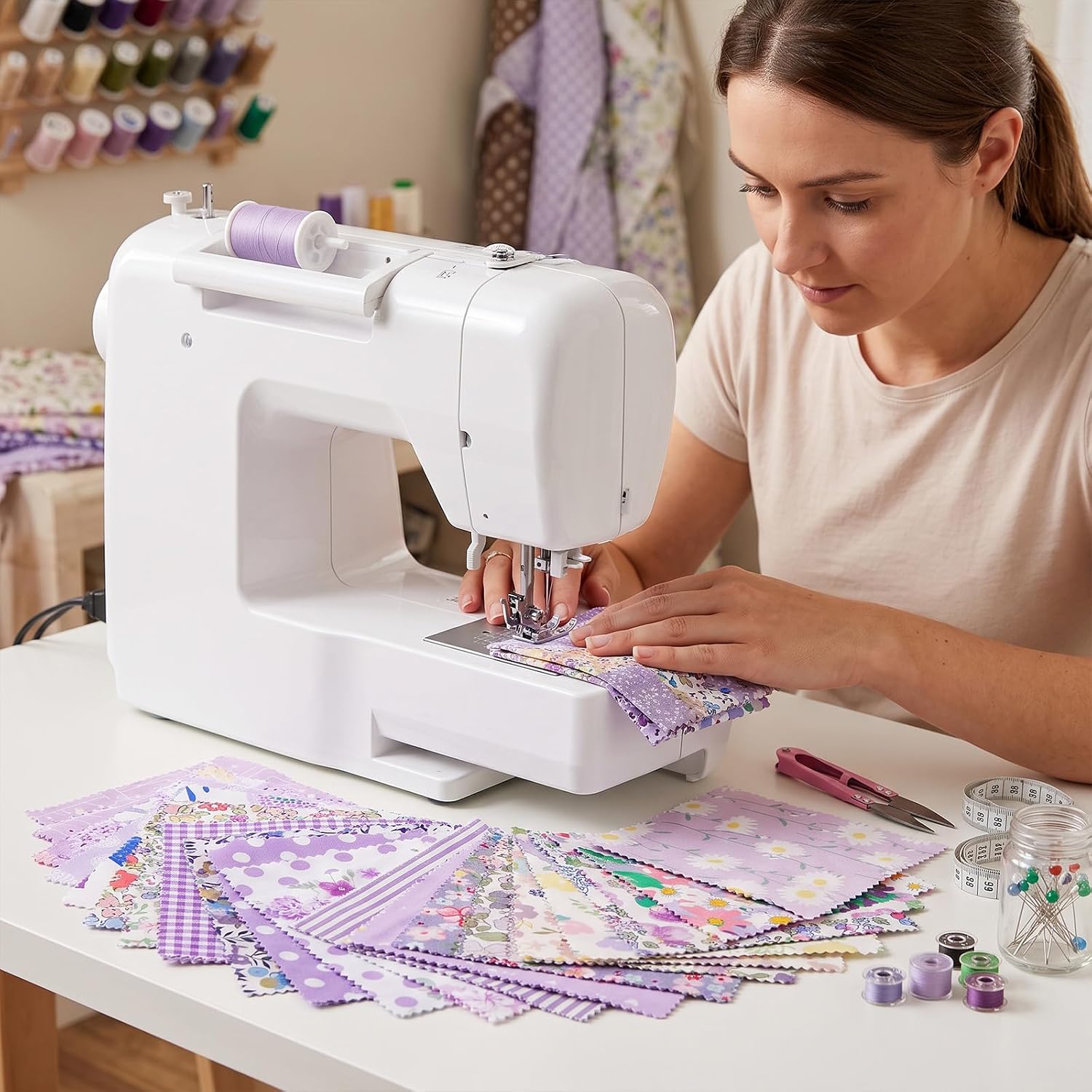 42 Pcs Purple Fabric Charm Packs, 5 Inch Cotton Floral Precut Fabric