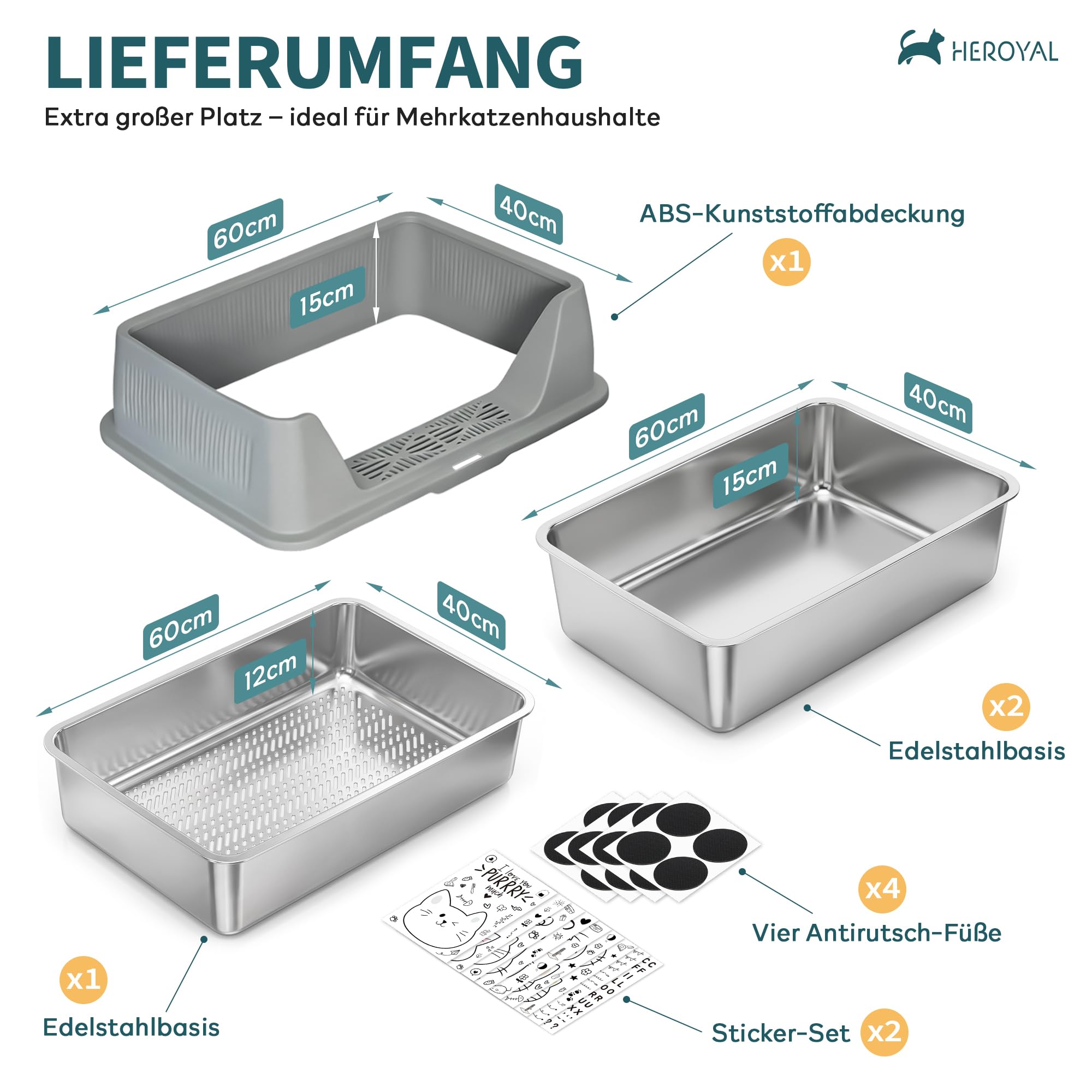 Katzenklo Edelstahl XXL mit Sieb, 60x40x30cm, mit DIY Aufklebern | 2 Pack Edelstahlwannen, Katzentoilette mit Deckel, 15cm hoher Rand, 30L Großkapazität, für Große Katzen & Mehrkatzenhaushalte