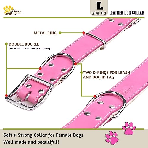 Miniatura 4 de ADITYNA - Collar de perro de cuero rosa de alta resistencia para perros grandes - Acolchado con cuero genuino suave para una sensación acogedora