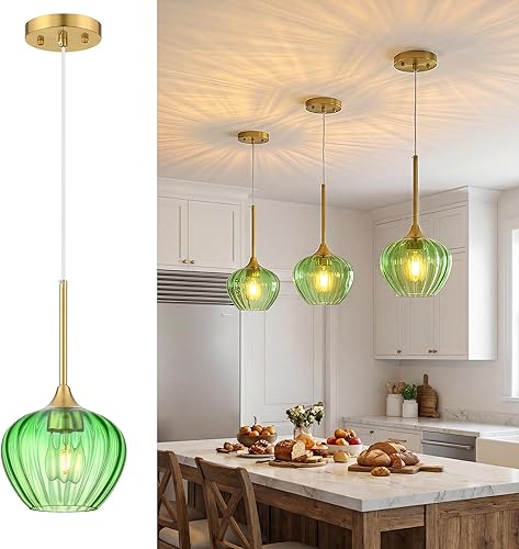 Mgcanyu Green Glass Pendant Lights Kitchen Island, 7.7" Vintage Pendant Lighting