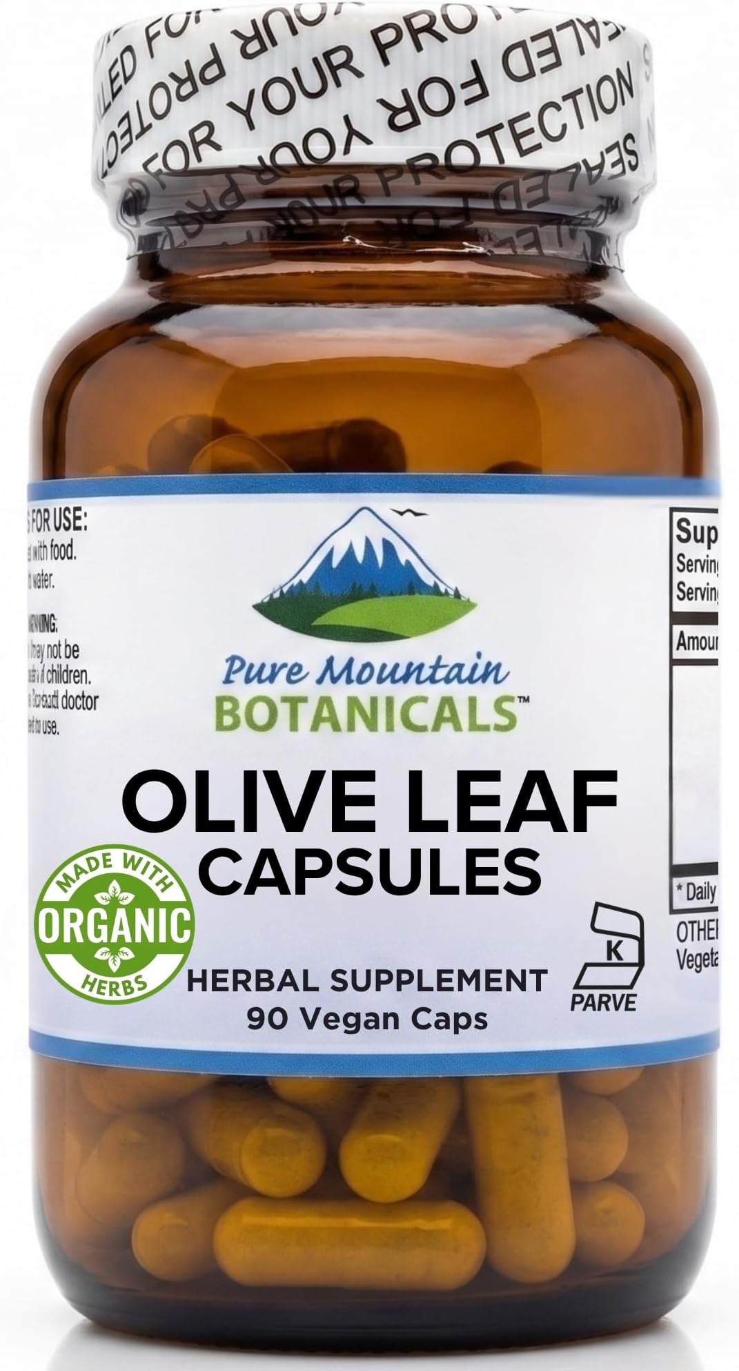 Pure Mountain Botanicals Olive Leaf Extract Capsules - 90 Kosher Vegan Caps Now with 400mg Organic Olive Leaf and Potent Extract