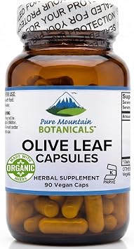 Pure Mountain Botanicals Olive Leaf Extract Capsules - 400mg Organic Olive Leaf and Extract 18% Oleuropein - 90 Kosher Vegan Caps