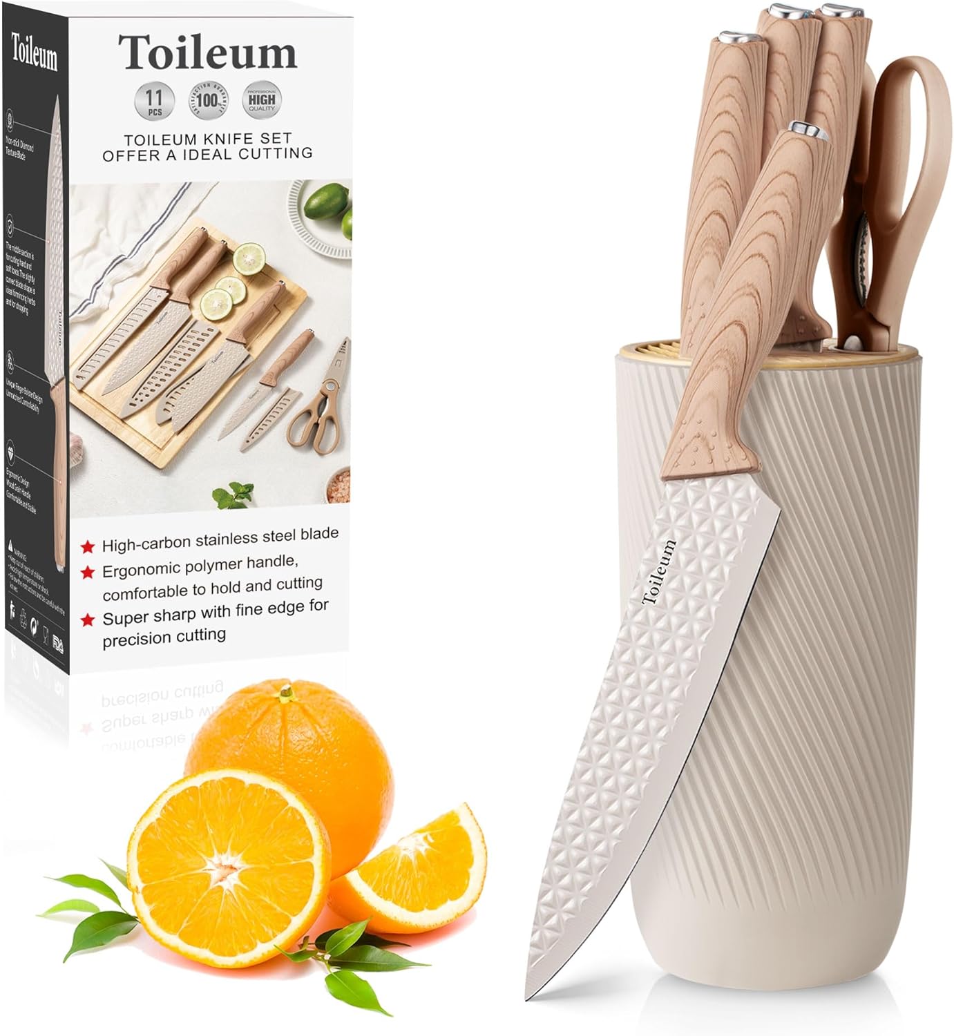 Knife Set, Toileum 11 Piece Khaki Kitchen Knife Block Set, Anti-Rust Non-Stick Stainless Steel Chef Knife Sets with 6 Blade Guards for Kitchen, Ergonomical Design (Khaki)