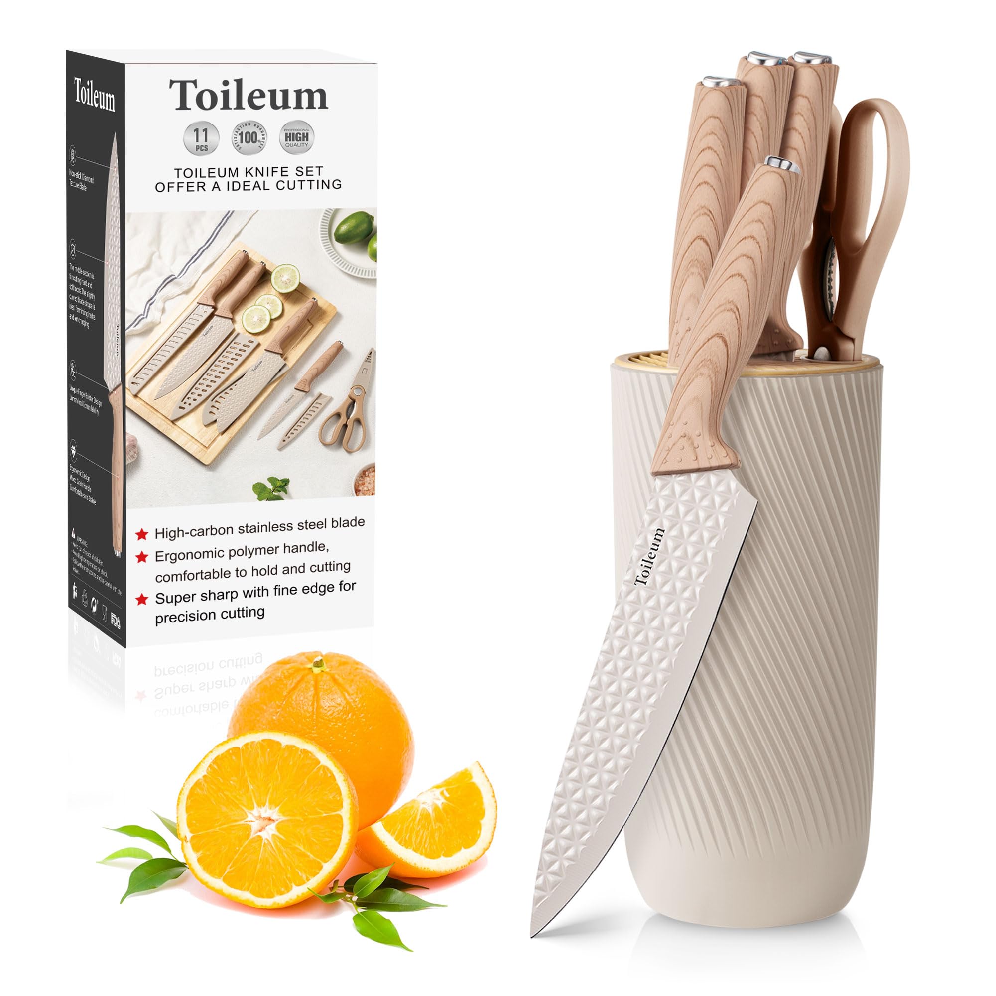 Knife Set Toileum 11 Piece Khaki Kitchen Knife Block Set Anti-Rust Non-Stick Stainless Steel Chef Knife Sets with