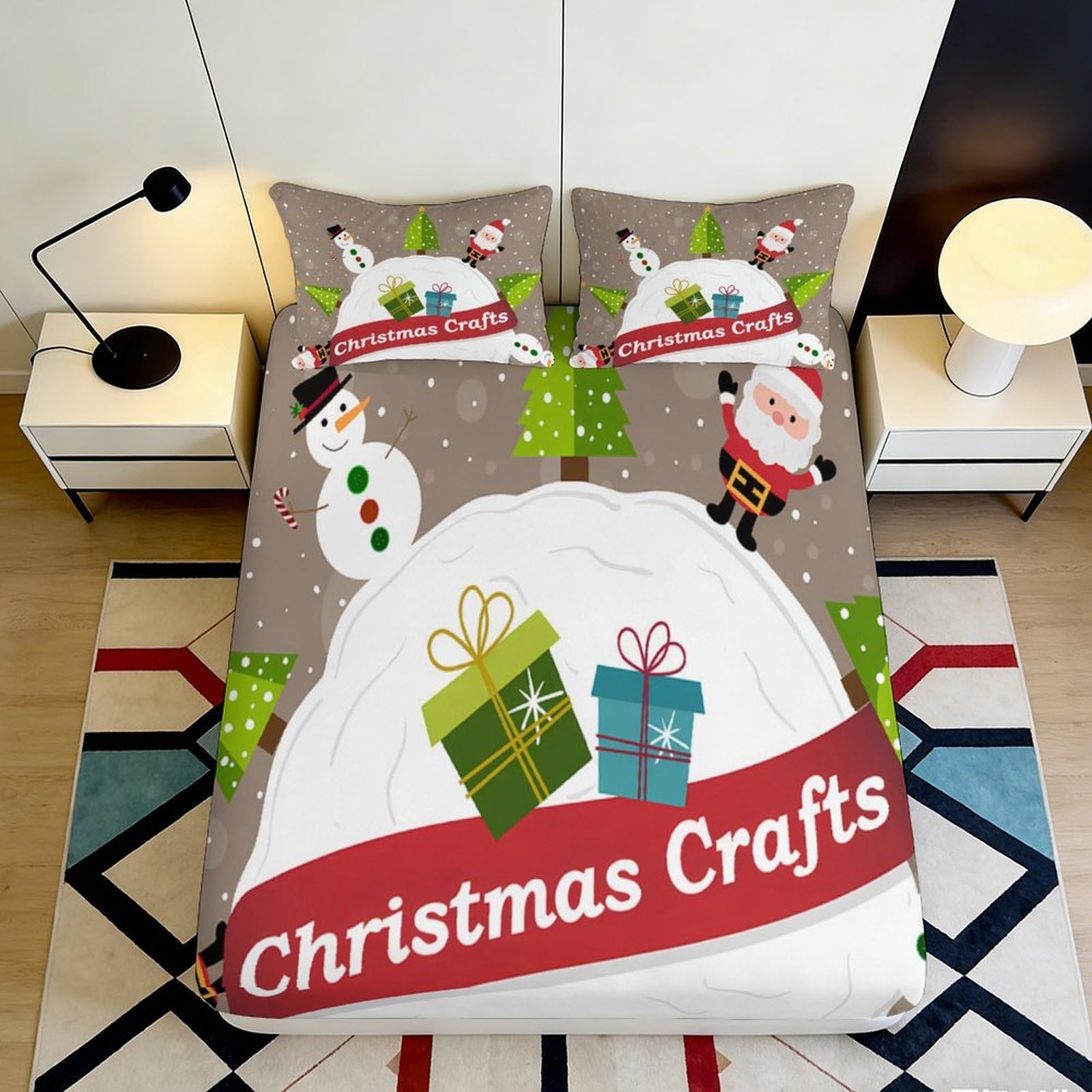 3D Printed Christmas Santa Fitted Sheet Microfiber Soft Gift Tree Snowman Bed Cover for Bedroom Guest Room Decor 90x200x25cm