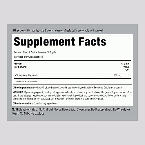 Miniatura 2 de Piping Rock Glutatión liposomal  500 mg  90 cápsulas blandas  Suplemento reducido  Sin OMG, sin gluten