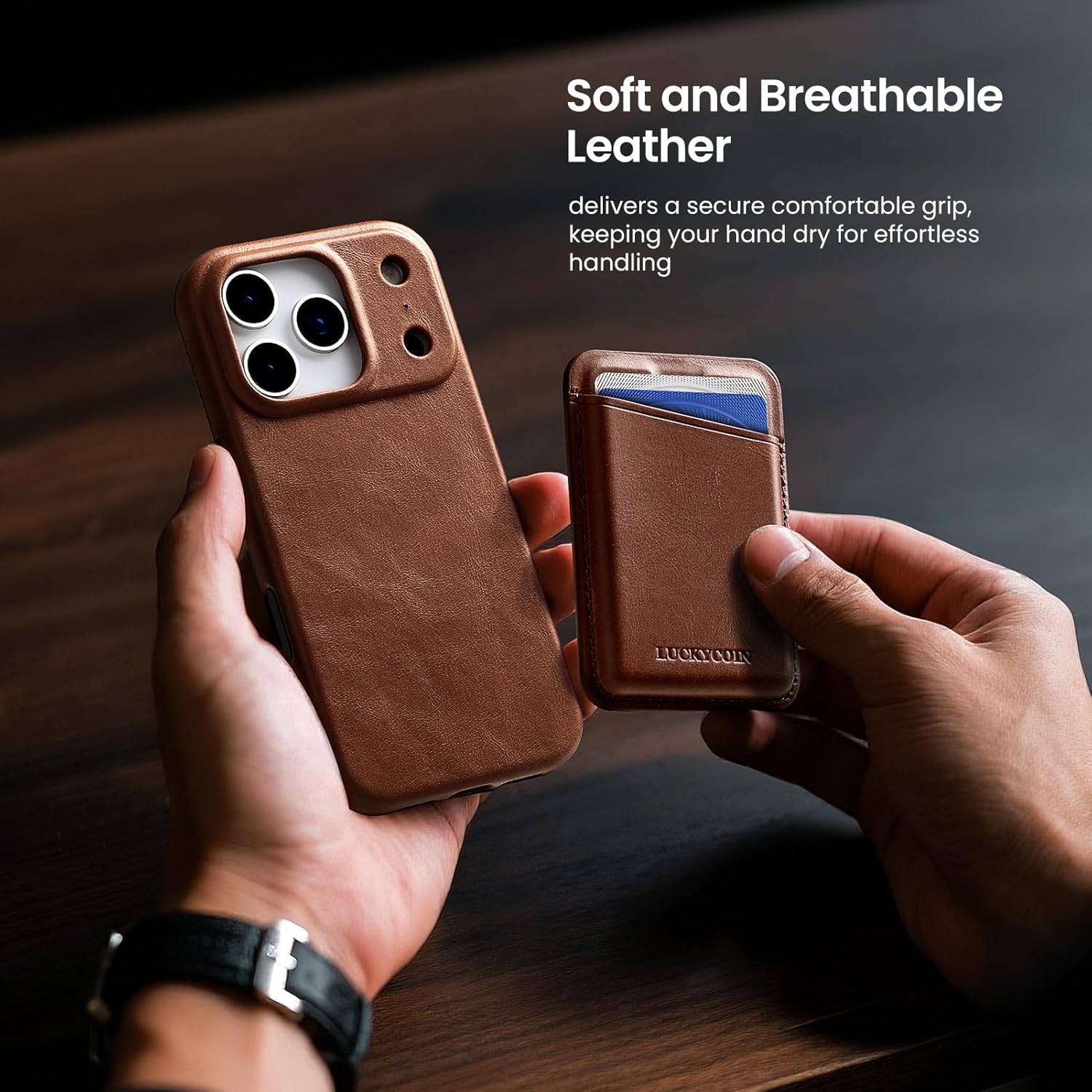 LUCKYCOIN for iPhone 17 Pro Full Genuine Leather Phone Case, Built-in Camera Control/Comprehensive Camera Protection/Compatible with MagSafe, Premium Leather Magnetic Phone Cover - Dark Brown - Image 6