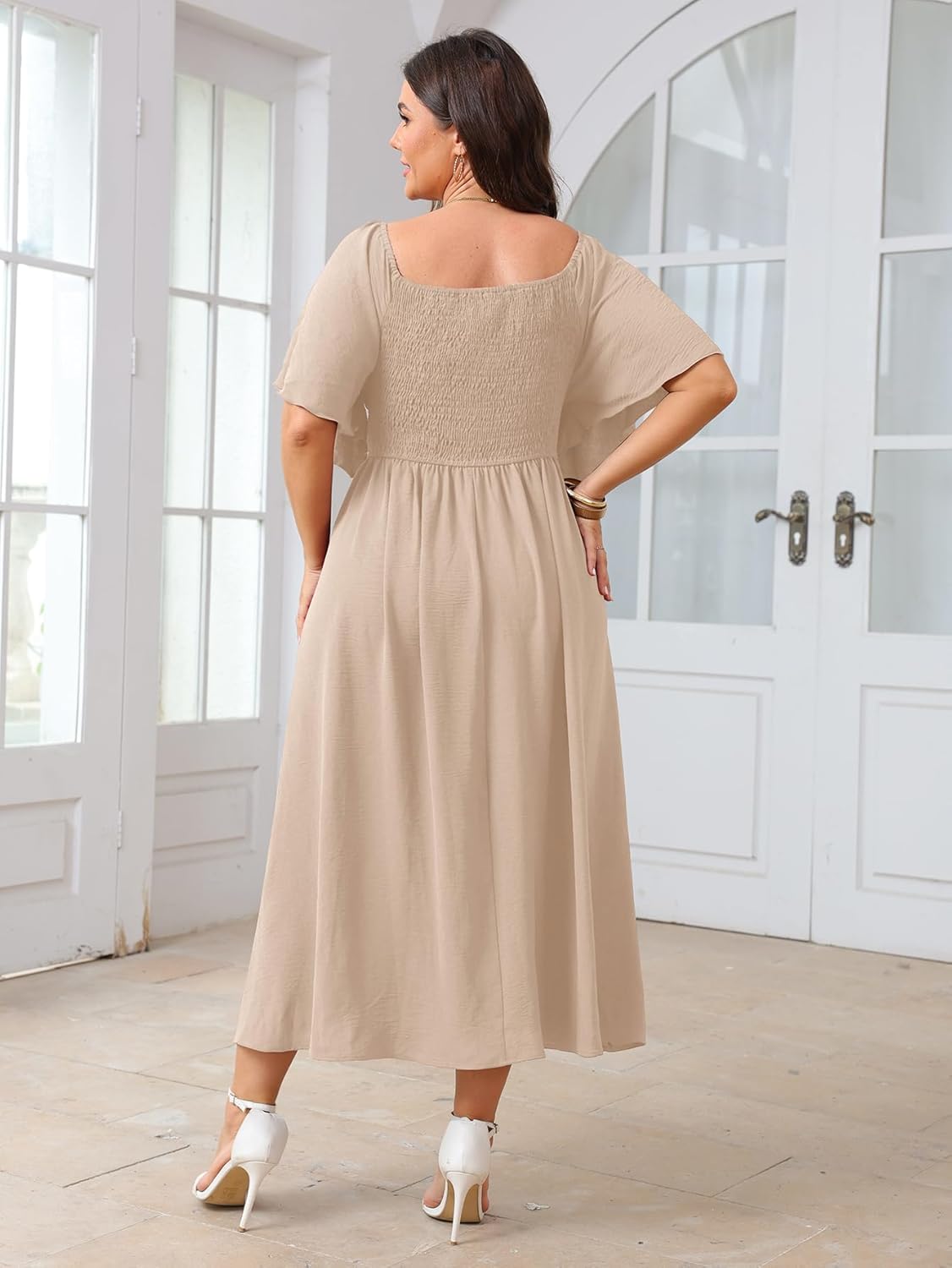Women's Plus Size Dress Short Sleeve Square Neck Smocked Side Split Flowy A Line Long Maxi Dress - Image 4