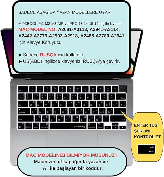 McStorey MacBook Rusça Klavye Koruyucu US Amerikan Enter M1-M5 | A2681 A3113 A3240 A3449 A2941 A3241 A2442 A2779 A2992 A2485 A2991 | Russian Keyboard Cover Touch ID Siyah