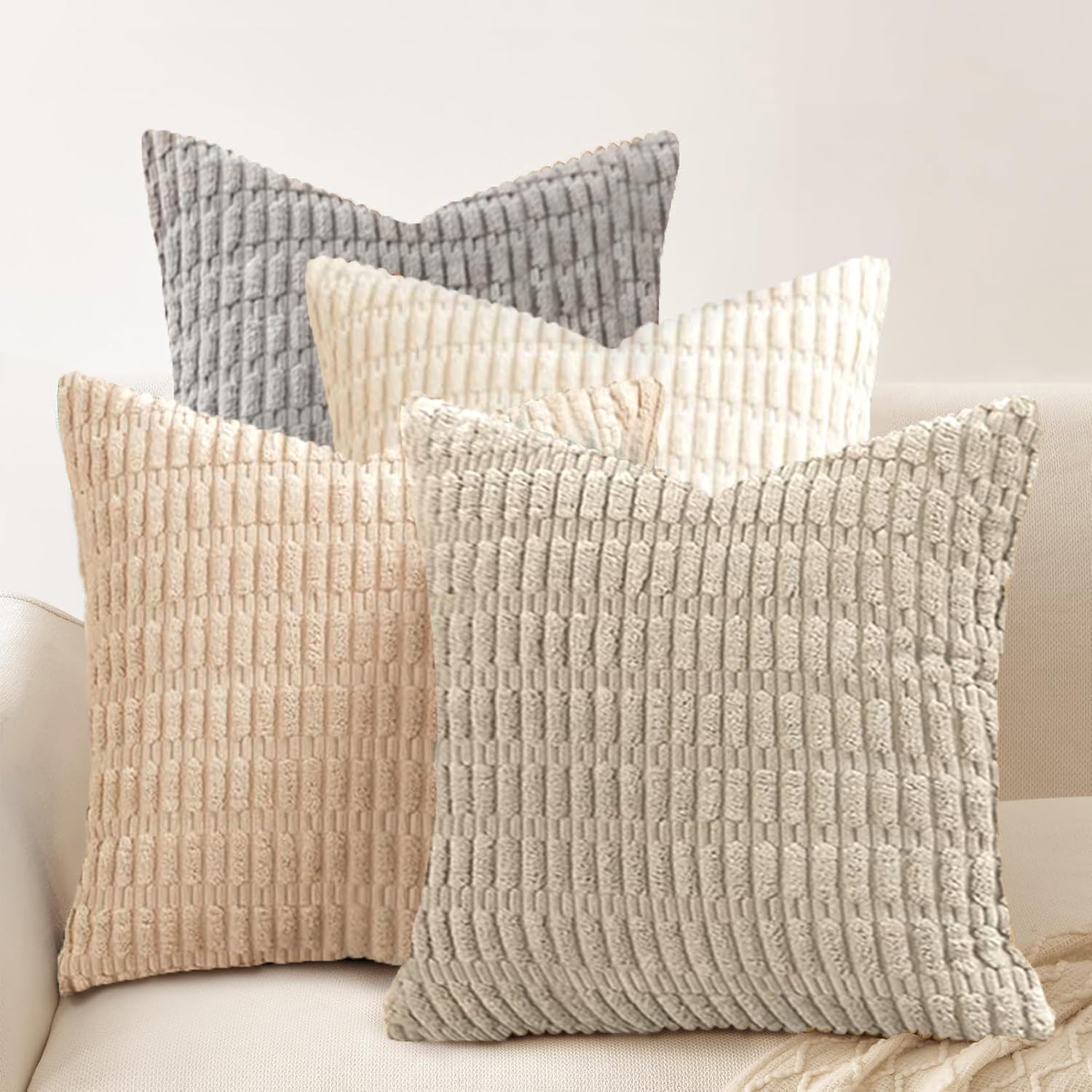 Cogavoo Wheat-White Gray Set Of 4 Corduroy Soft Striped Cushion Covers 45X45 Cm ,Boho Decorative Square Throw Pillow Covers 18X18 Inch With Invisible Zipper For Sofa Couch Bedroom Decorative Fluffy Large Pillowcases