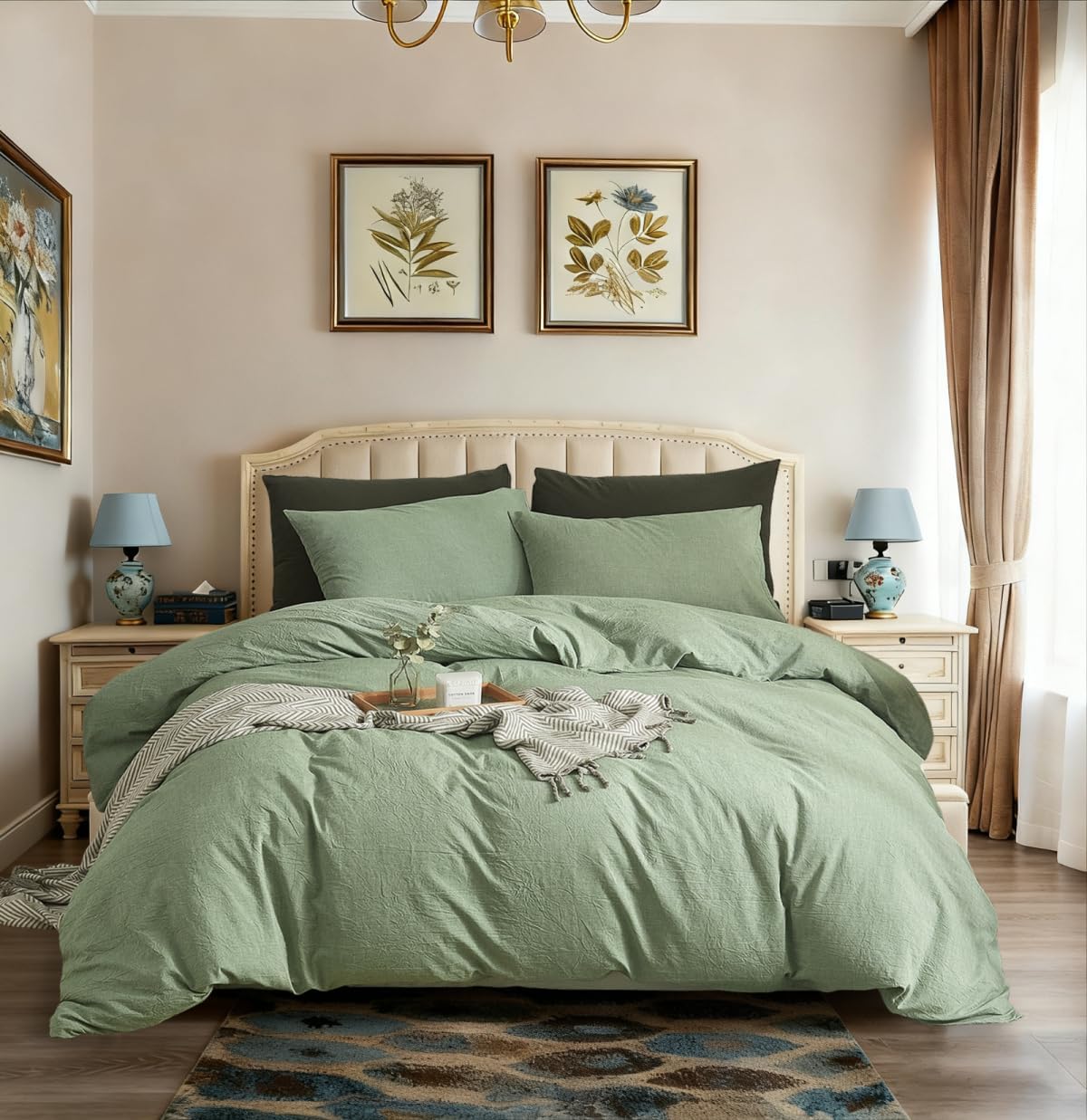 AOJIM Sage Green Duvet Cover King – 100% Washed Cotton, Solid Color, 3-Piece Breathable Bedding Set Including 1 Light Green King Comforter Cover + 2 Pillowcases for All Seasons (No Comforter)