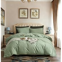 AOJIM Sage Green Duvet Cover King 100% Washed Cotton, Solid Color, 3-Piece Breathable Bedding Set Including 1 Light Green King Comforter Cover + 2 Pillowcases for All Seasons No Comforter