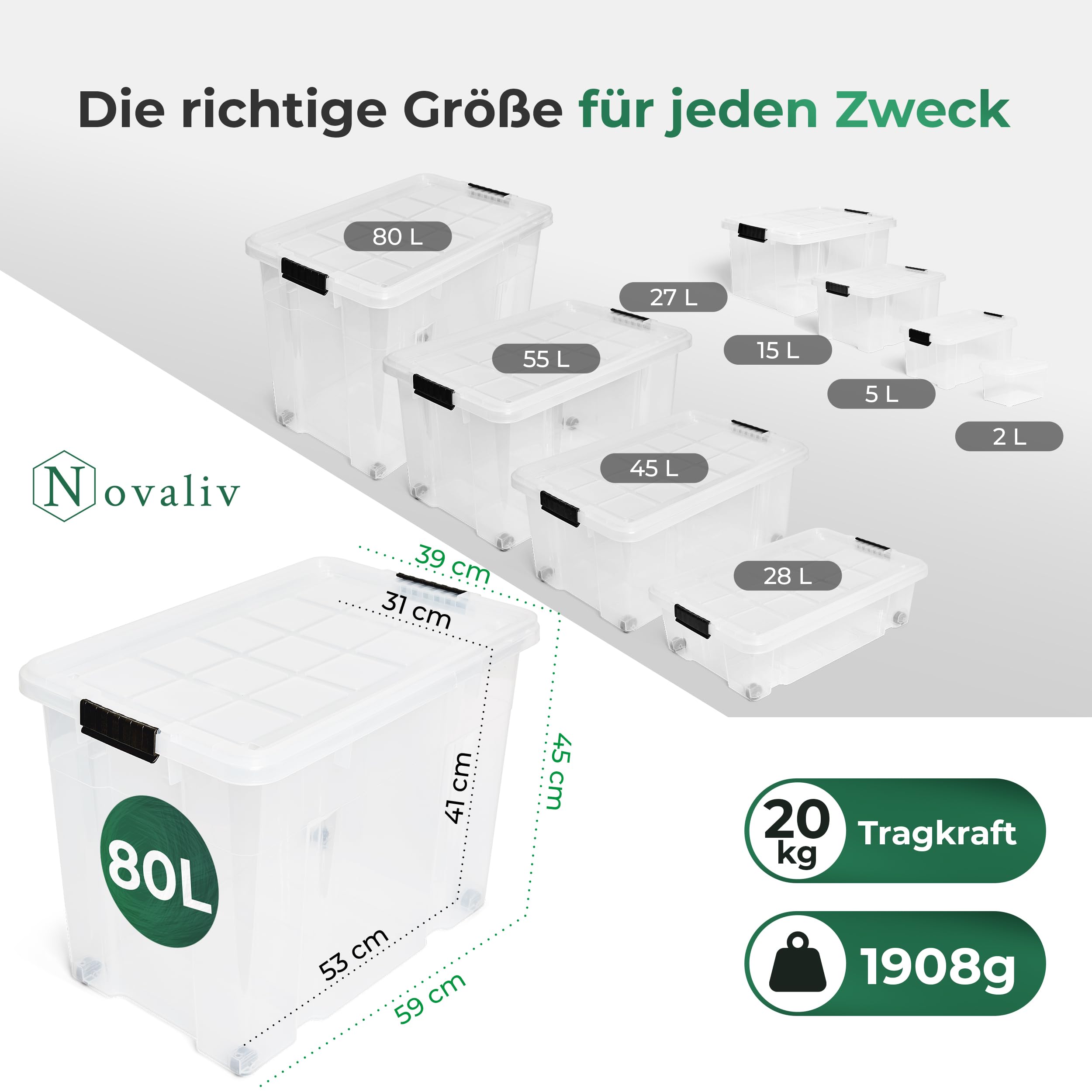 Novaliv 4 scatole portaoggetti con coperchio, grandi, 80 l, trasparenti, impilabili, con chiusura a clip, in plastica, senza BPA, 61 x 40 x 45 cm