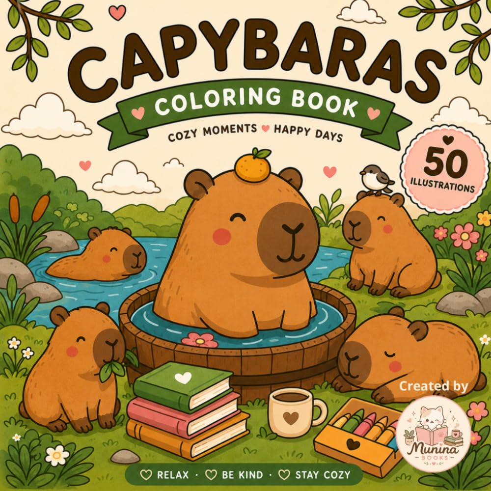 Cozy Capybara Coloring Book: Cute Kawaii Animal Coloring Pages for Relaxation, Stress Relief, Mindfulness and Cozy Moments
