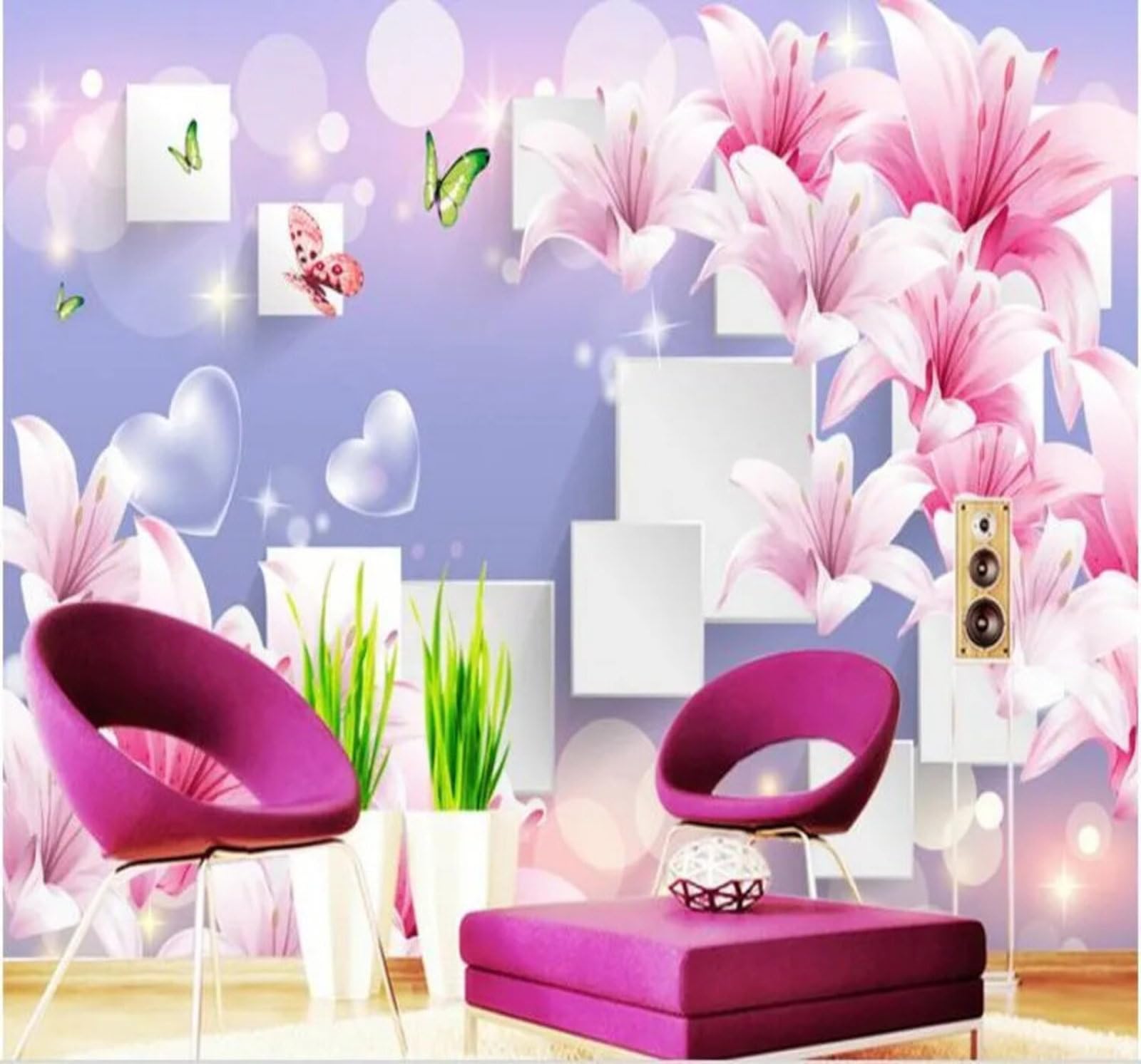 Wallpaper-3D-Xlm 200Cm×140Cm(B×H) Beautiful Three Dimensional Pink Lily Butterfly 3D Wallpaper Easy Install Feature Office Living Room Sofa Bedroom Tv Background Wall Decoration-200Cm×140Cm