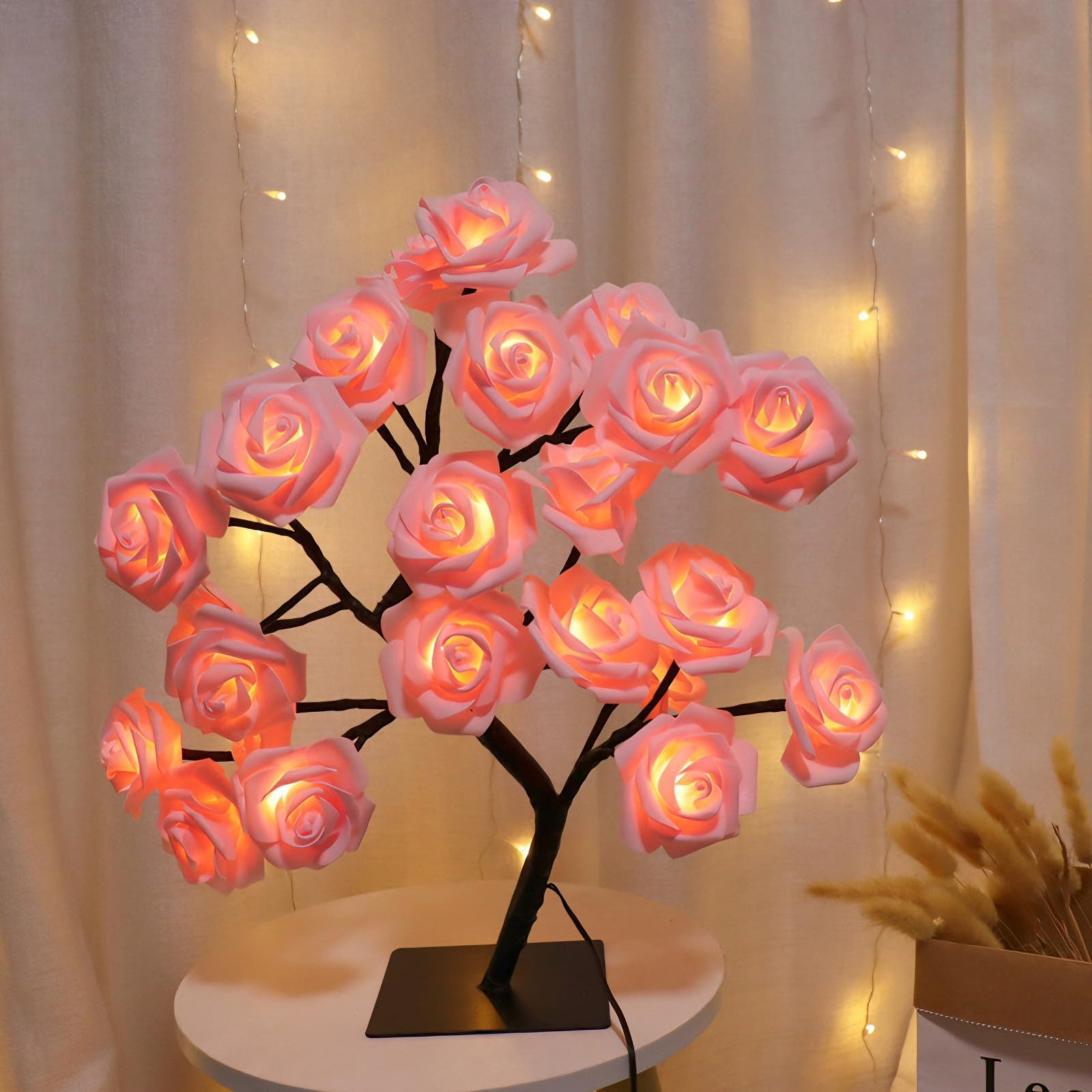 wpdash Pink Plastic Rose Branch Night Light – 24-Rose USB bBedside Lamp, Ideal for Girly Home Decor and a Cozy Bedroom or Living Room Accent Light — image 1