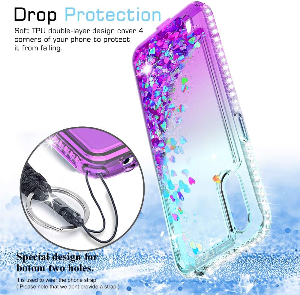 LeYi Compatible with Samsung Galaxy A01 Case with 2PCS Tempered Glass Screen Protector for Girls Women, Glitter Cute Clear Phone Case for Samsung A01, Gradient Teal/Purple