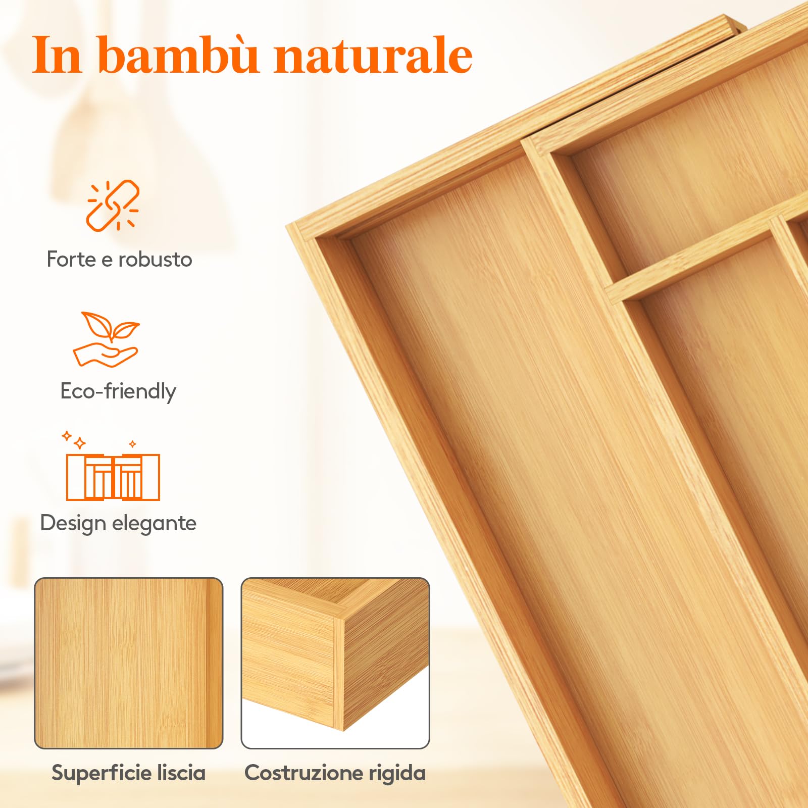 Lifewit Portaposate da Cassetto Grande, Espandibile da 53,3 a 91,4 cm di Larghezza, Porta Posate Cucina Cassetto, Organizer Cucina in Bambù per Posate, Cucchiai, Forchette, Coltelli, Naturale