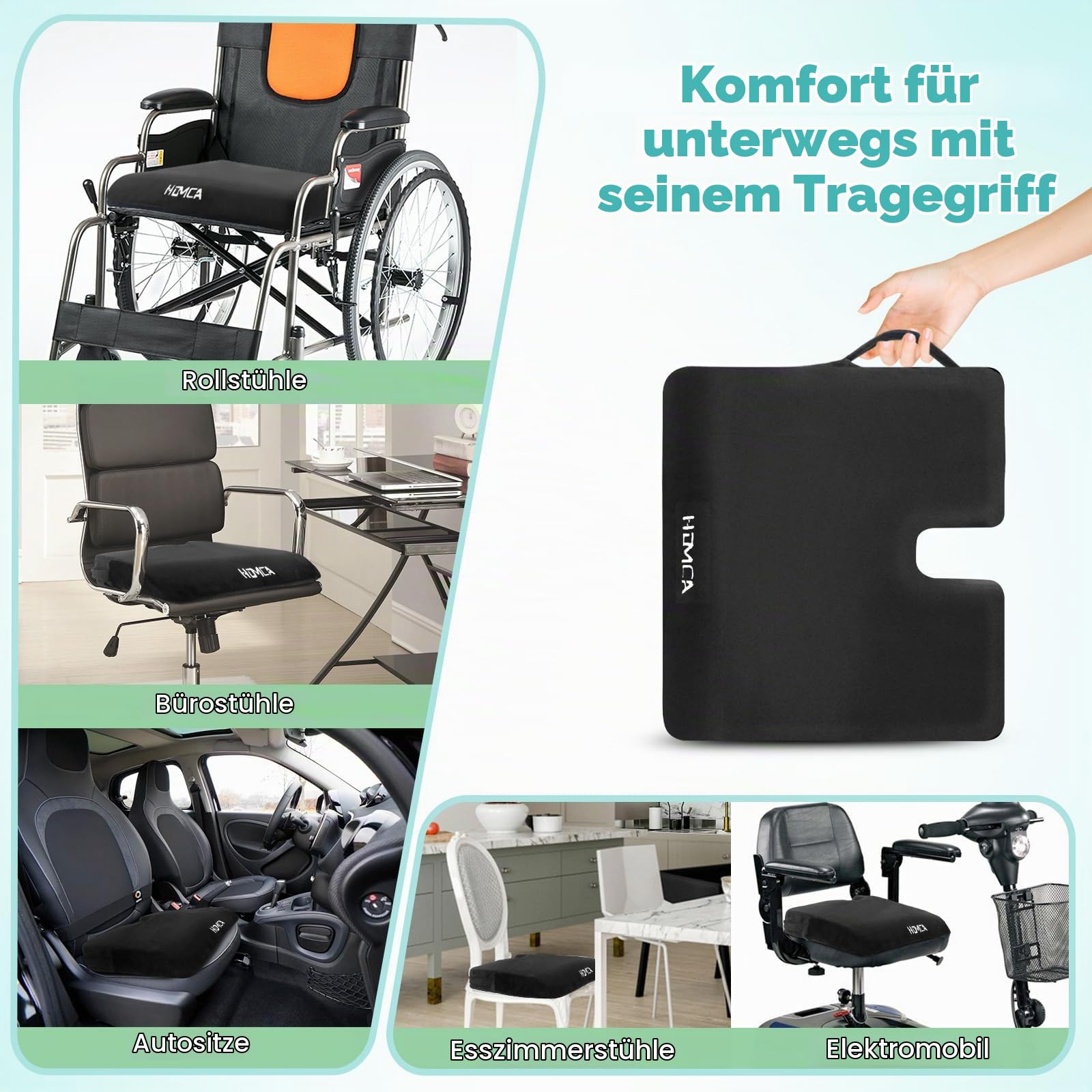 HOMCA Sitzkissen Wasserdicht für Rollstuhl, Ergonomisches Memory Foam Steißbeinkissen für Hämorrhoiden und Sitzkomfort, Auto- und Bürostuhlkissen, Mit Wasserdichtem Bezug, 40 x 45 x 7,5cm | 45×40×7,5 cm, Ergonomisches U-förmiges Design, Erhöht Sitzkomfort