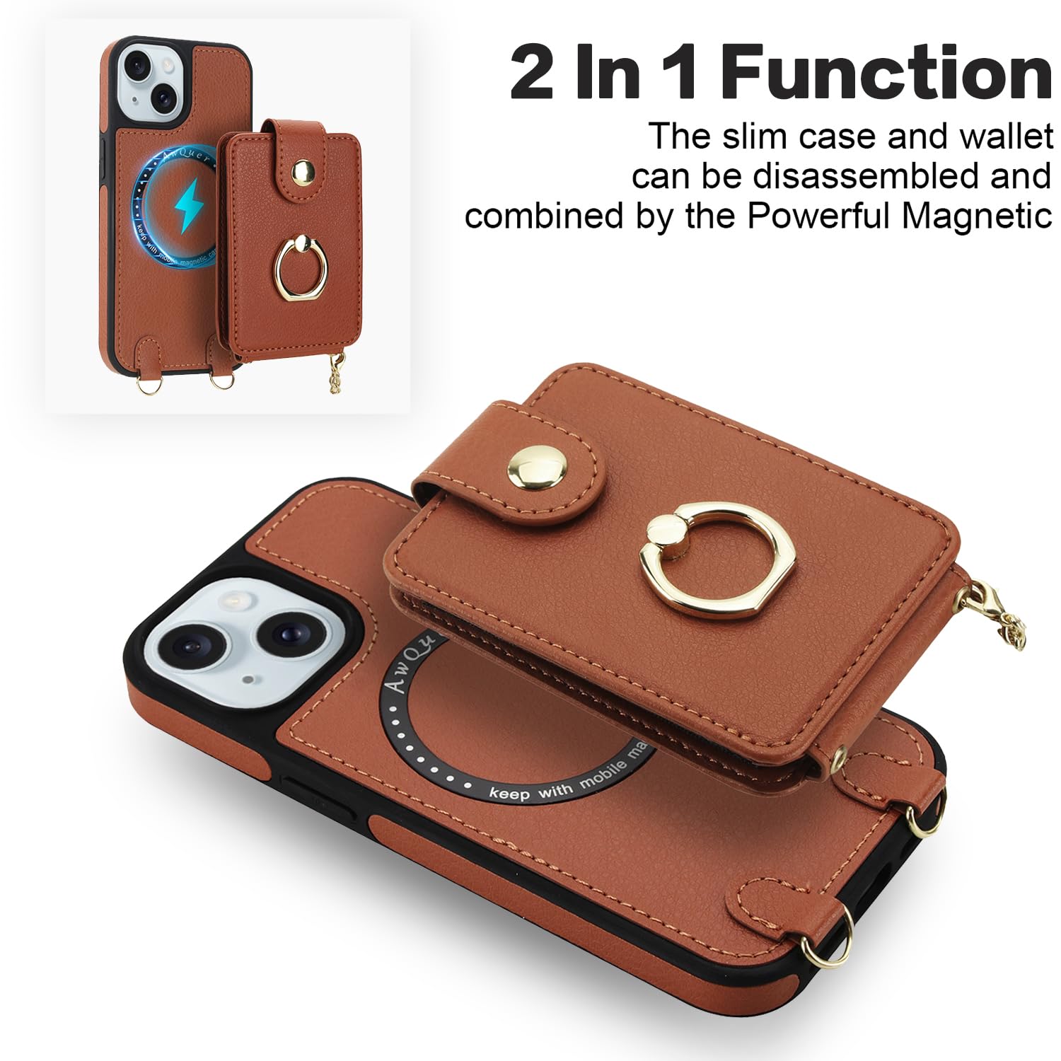 Custodia a portafoglio per iPhone 13/14 da 6,1 pollici, protezione dello schermo rimovibile, con anello, cavalletto a tracolla, compatibile con MagSafe RFID Blocking iPhone13 iPhone14, per donne e