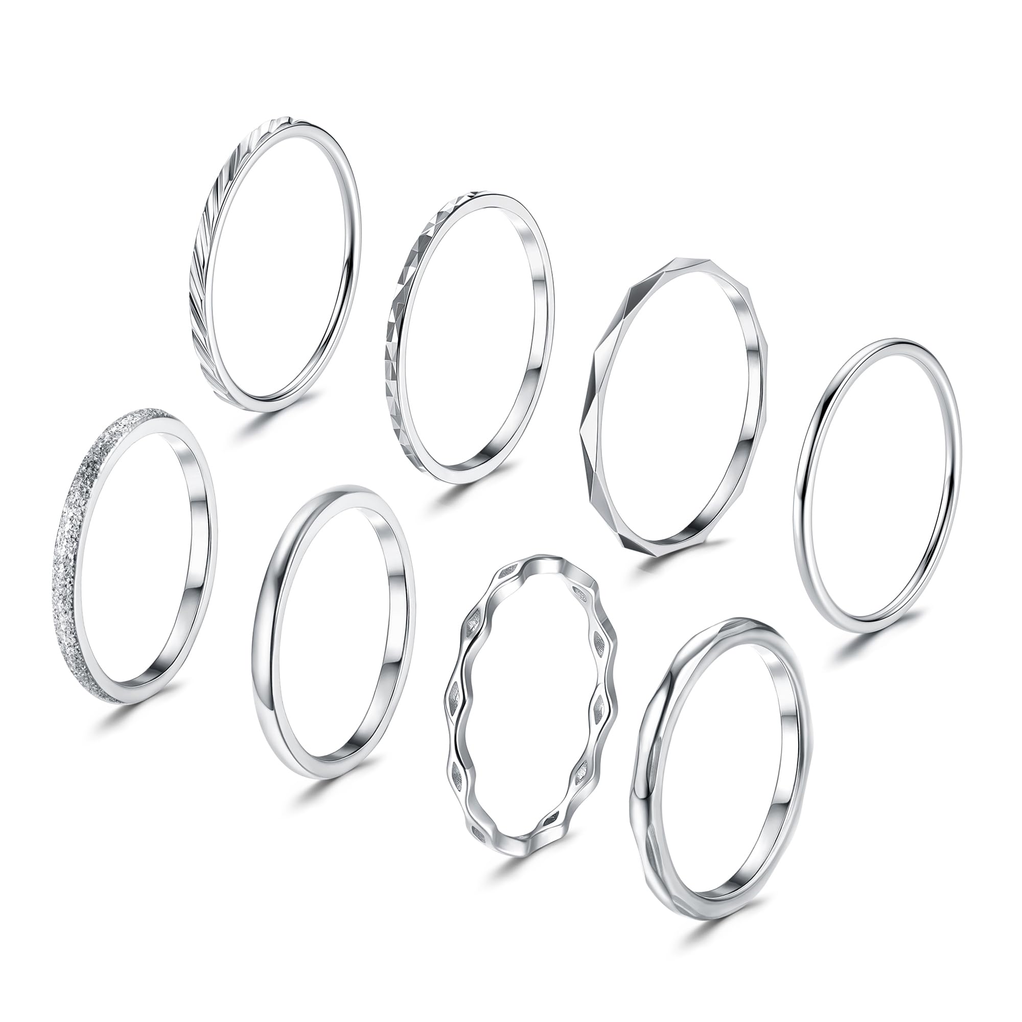 JeweBella8 Piezas Anillos Mujeres Acero Inoxidable 1MM Delgado Nudillo Anillo Midi Twist Anillo Plata Apilable Minimalista Pulgar Banda Anillo Set para Mujeres Niñas