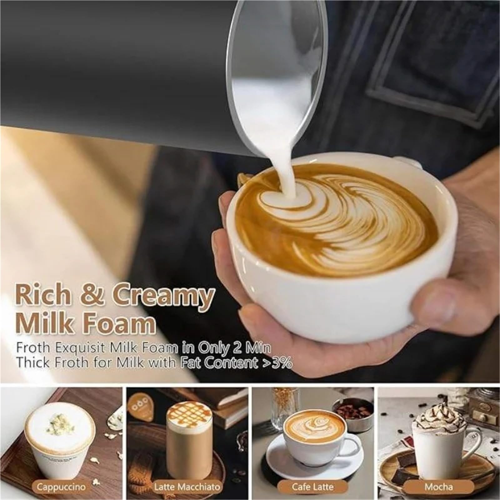 350 Ml/11,8 uncji Elektryczny spieniacz do mleka Automatyczny Spieniacz Do Mleka Gorący/Zimny Kontrola Temperatury Do Kawy Mlecznej, Cappuccino, Czekolada I Gorąca Czekolada