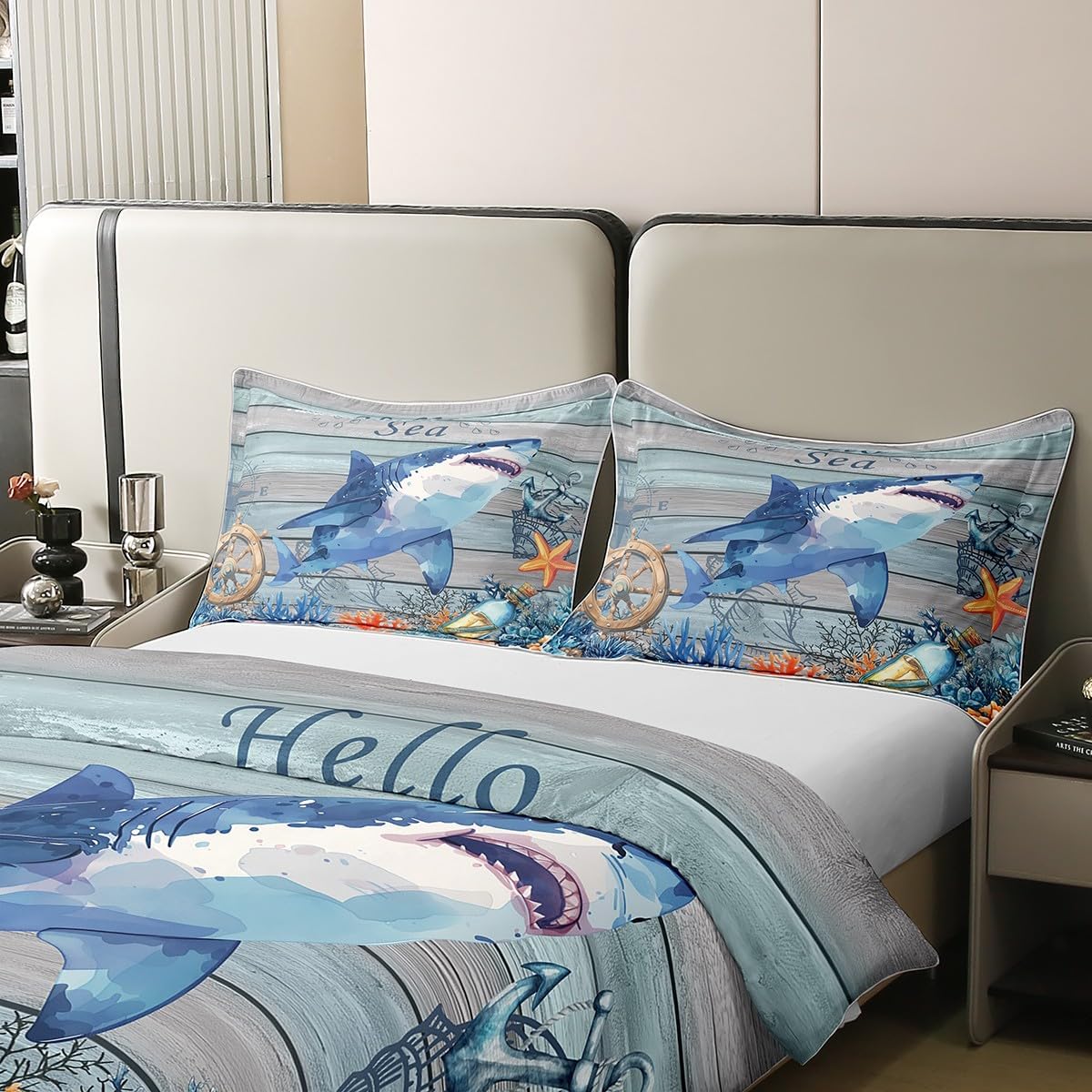 Ocean Shark Duvet Cover Twin Size for Kids Boys Teens,Watercolor Underwater Animals Plants 2PCS Duvet Cover,Rustic Wooden Stripes Comforter Cover (Not Comforter),Coastal Summer Quilt Cover