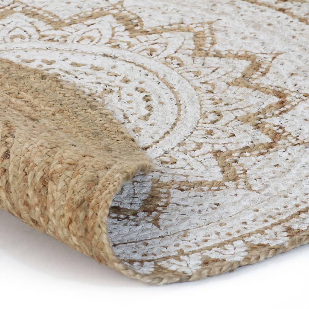 Jute Teppich Geflochten Rund 150 cm, Handgefertigt mit Mandala-Druck, Strapazierfähig für Wohnzimmer, Schlafzimmer, Flur, Natürlicher Bodenteppich