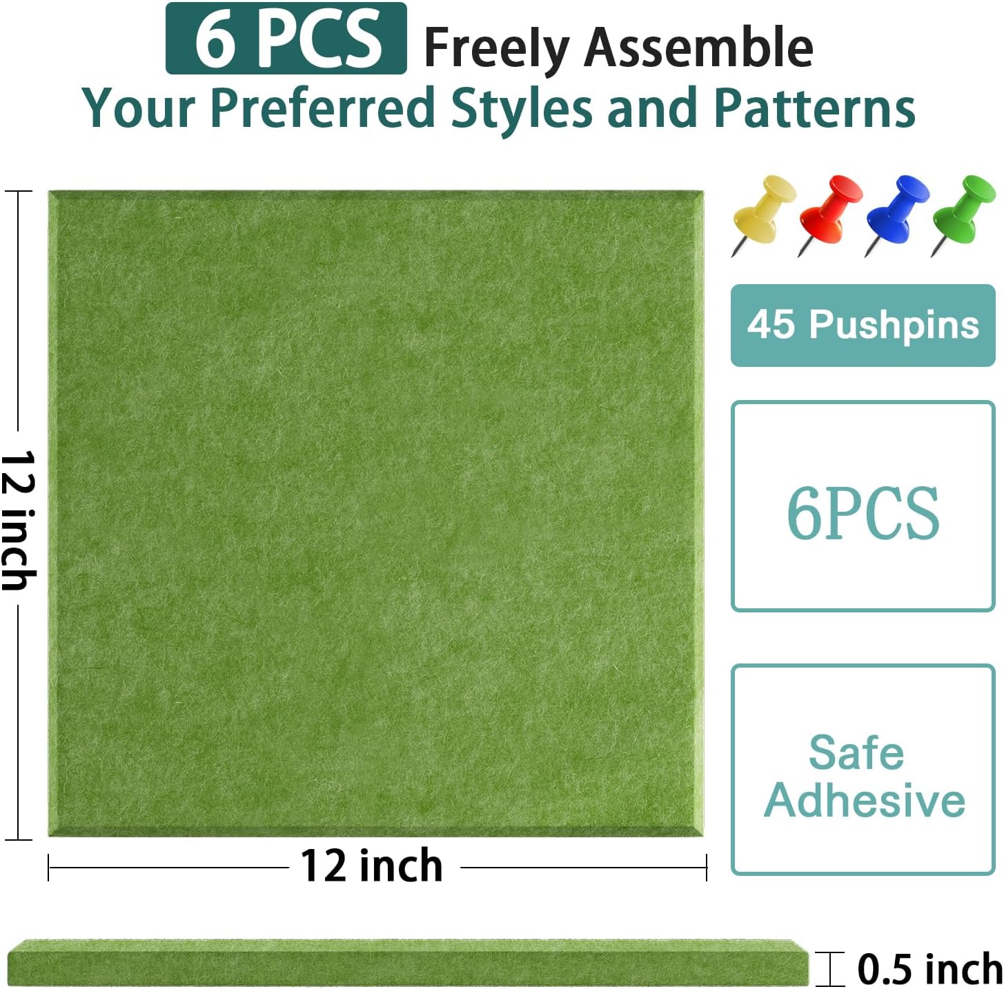 Felt Cork Board for Wall: Extra Large Bulletin Board for Office - 0.5 Inch Thick Corkboard Tiles 6 PCS Green Pin Board Squares Adhesive