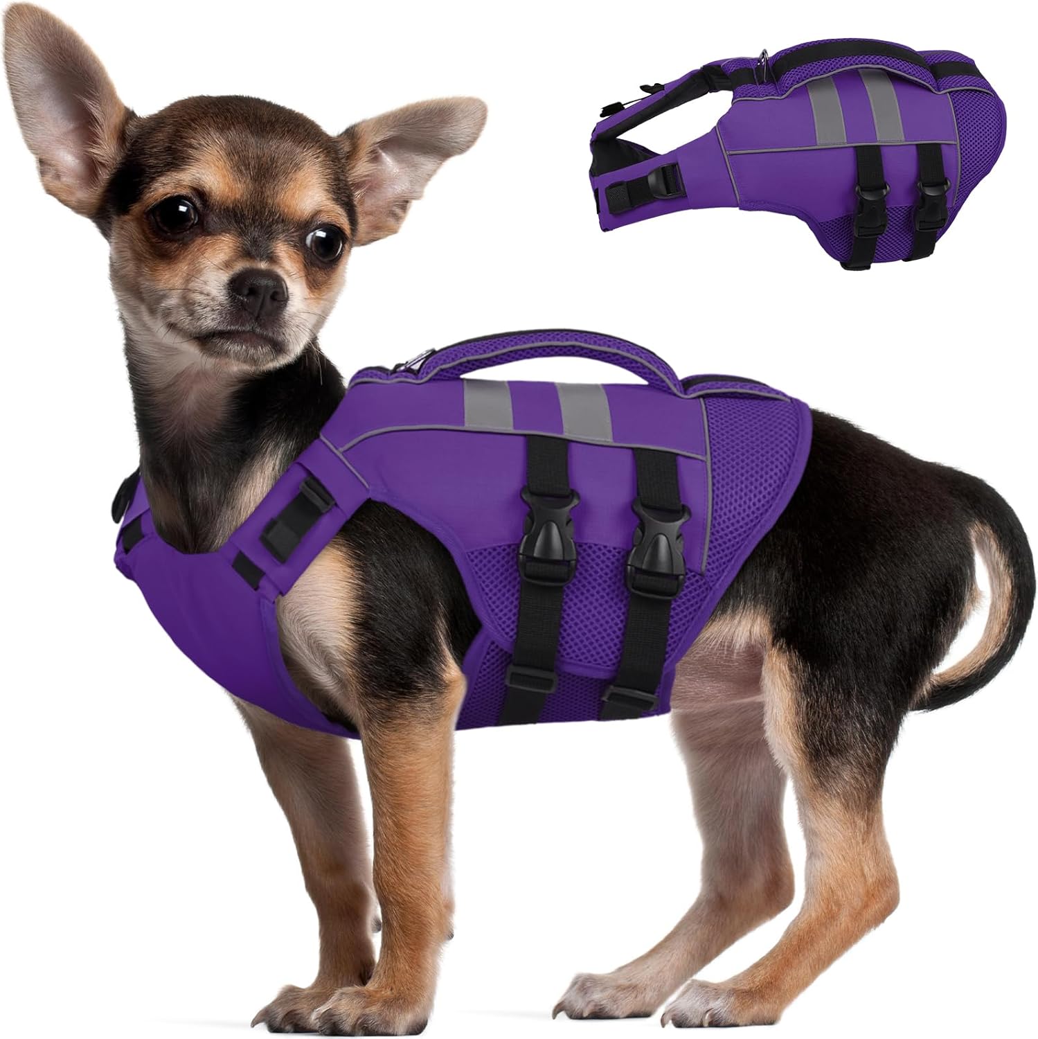 Kuoser Small Dog Life Jacket, High Flotation Dog Life Vest for Swimming Boating, Reflective Dog Swimming Vest Pet Life Preserver with Rescue Handle, Purple S