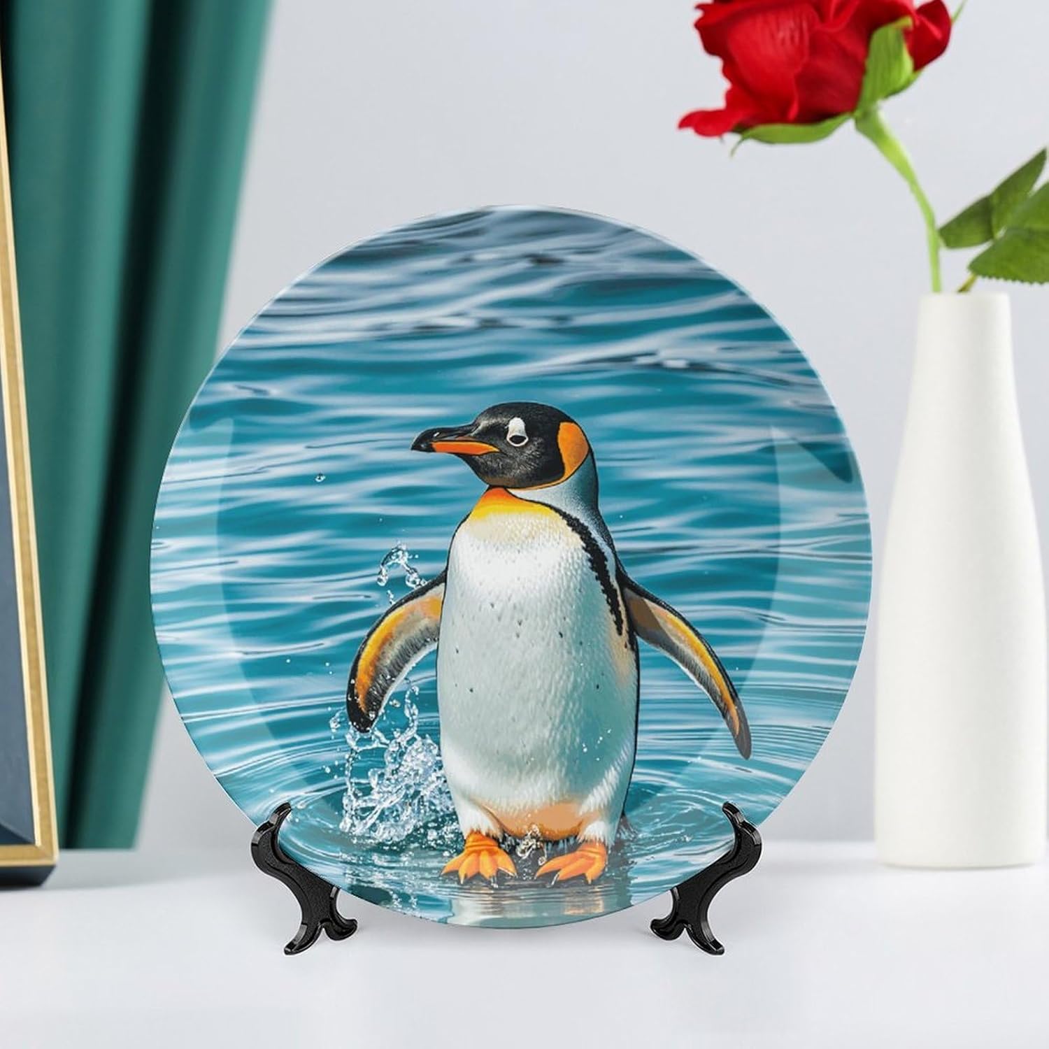 Happy Penguin in The Water Ceramic Plate 10inch Decorative Bone China Wall Hanging Ornament Plates Bohemian Style Dinner Plate with Display Stand Cabinet Display Plates for Home Art Decor