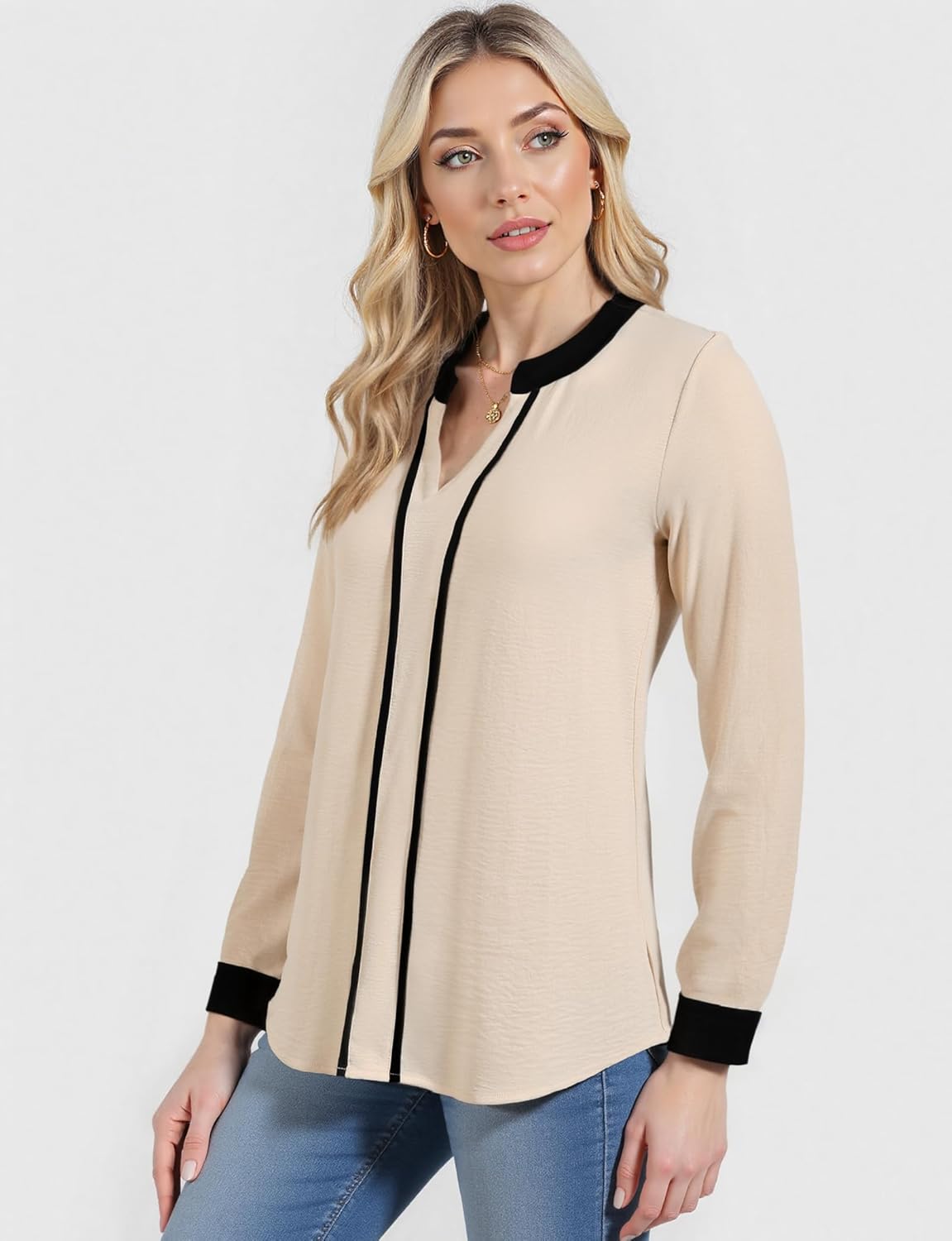 Business Casual Tops for Women - Long Sleeve V-Neck Color Block Shirt - Dressy Casual Work Blouse - Office Wear Trendy Style - Image 7
