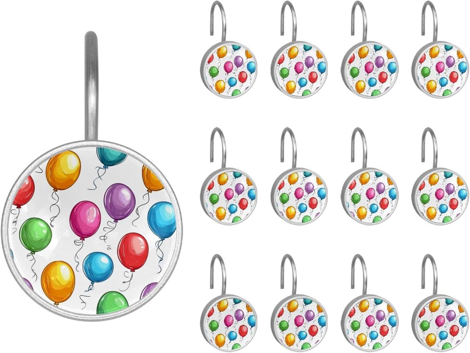 Set of 12 Shower Curtain Hooks, Shower Curtain Rings Crystal Glass Decorative Bathroom Hook, Colorful Balloons (2)