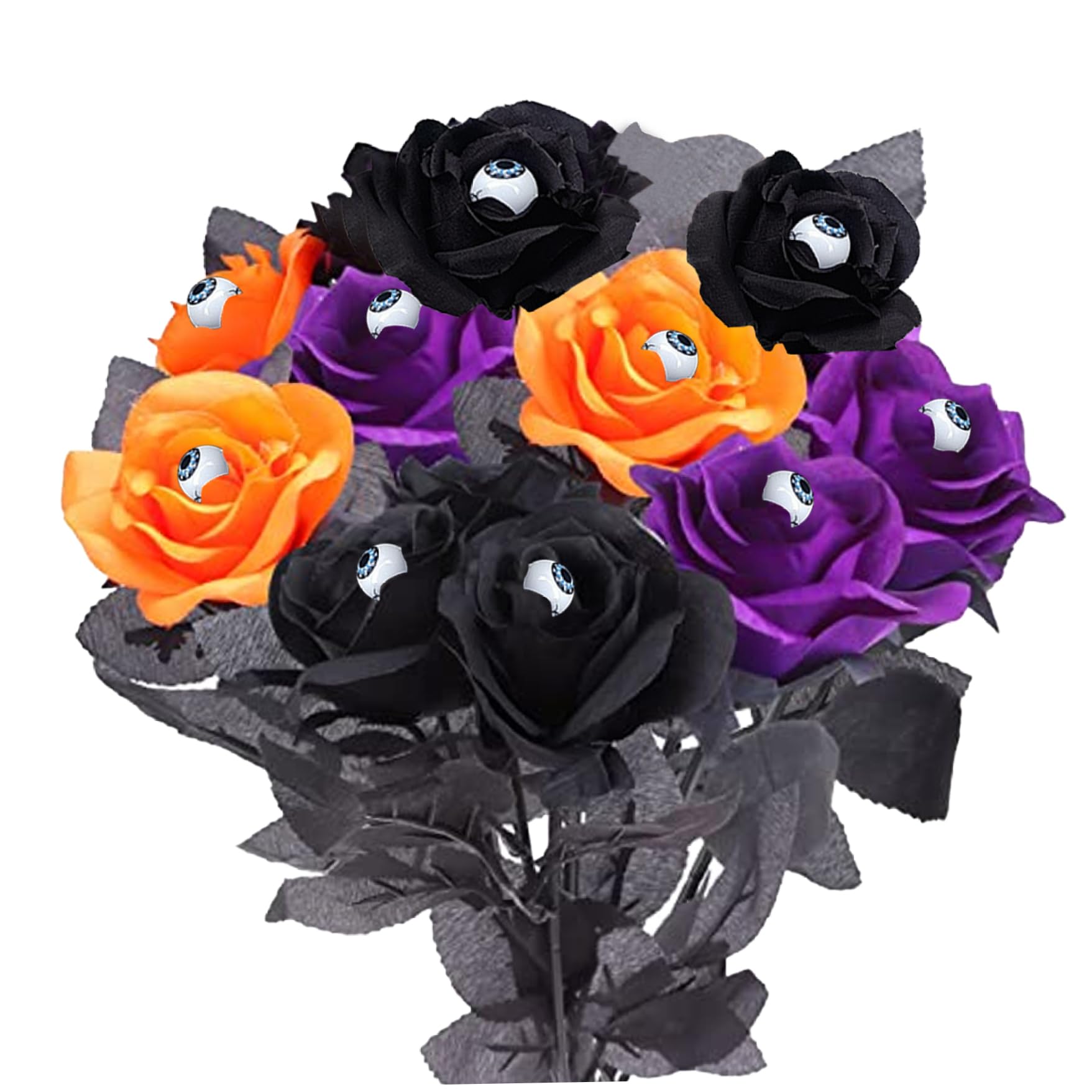 Bemonew Halloween Bouquet 10PCS Artificial Halloween Flowers with Eyeballs Colorful Artificial Roses Silk Rose for Decorations Home Wedding Decor