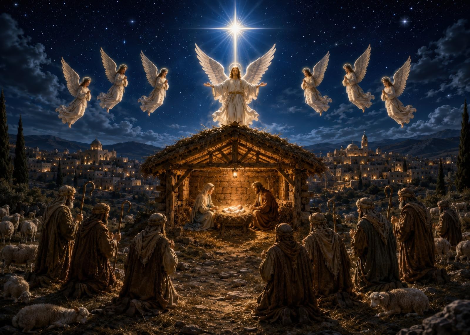 12x8FT (3.6x2.5m) Angeli Sopra Presepe Affollato Sfondo Fotografico