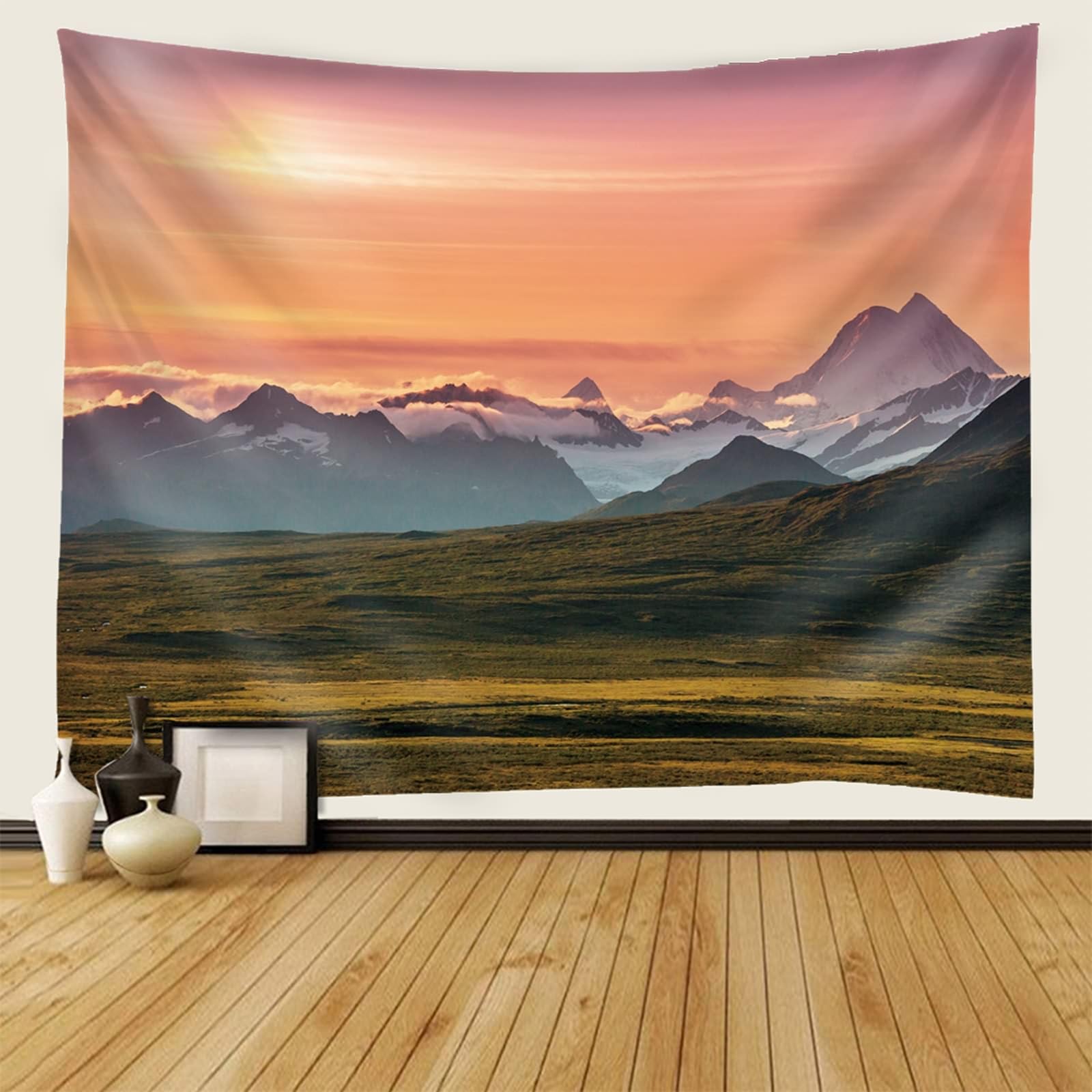 Gualiy Tapisserie Modern Neblig Berge, Wandbehang 260x240 Natur Landschaft Wandbehang für Schlafzimmer Wohnzimmer, Orange Grün