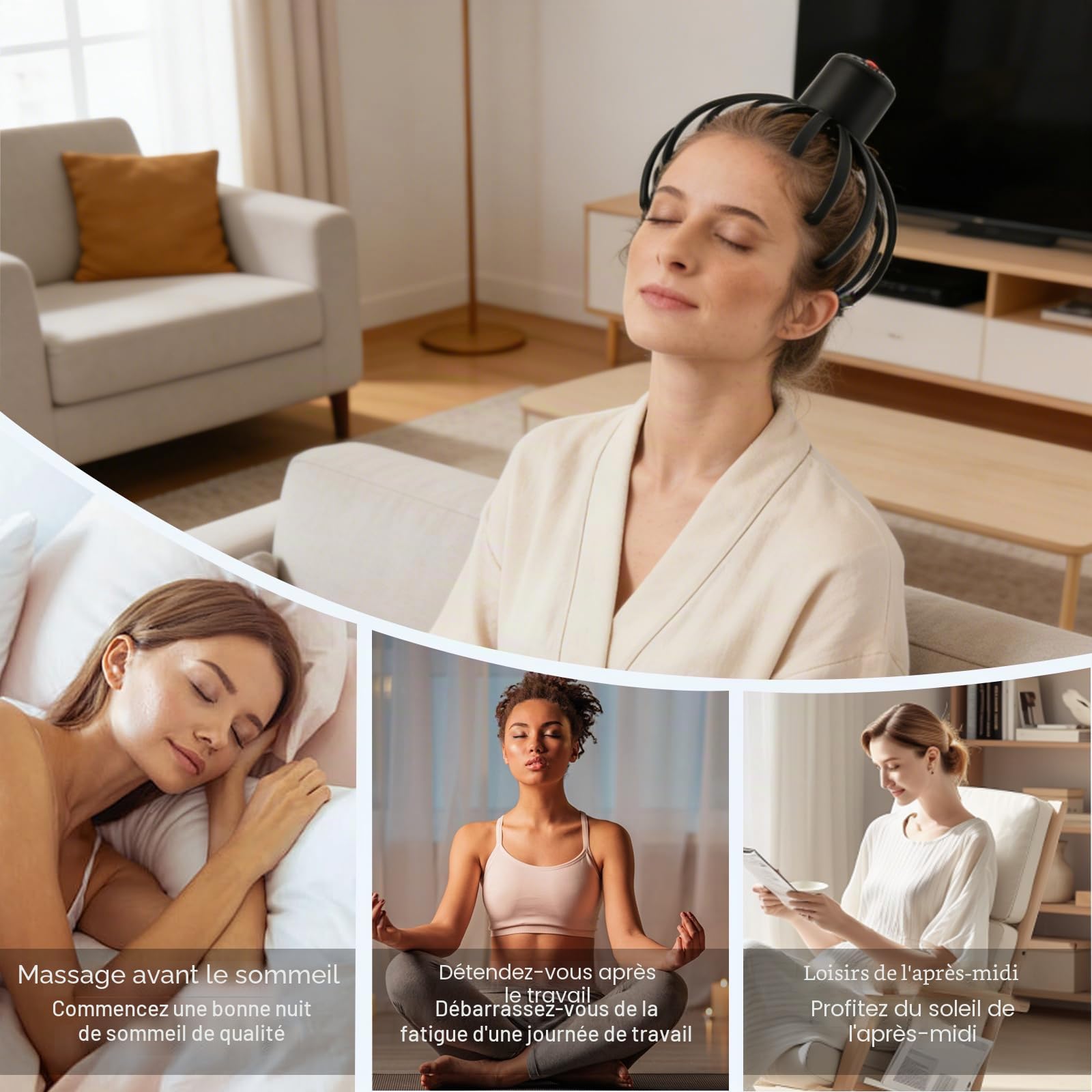 Masseur de tête électrique à 360° avec 3 modes, rechargeable sans fil, portable, pour la relaxation, le stress et la circulation sanguine, noir