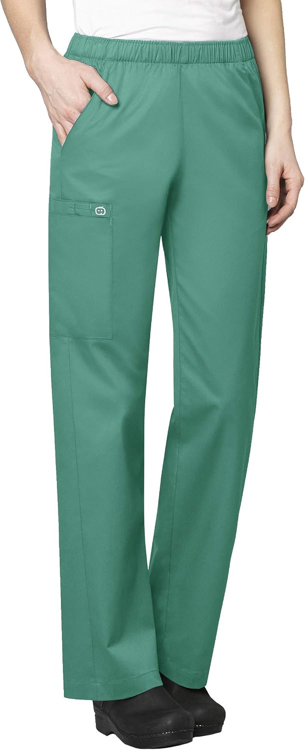 WonderWink WORK Women's Scrubs V-Neck Chest Pocket Top & Pull On Cargo Pant Set + Badge Reel