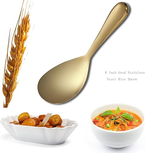 Miniatura 6 de Cuchara de arroz de acero inoxidable dorado de 8 pulgadas, cuchara de arroz espesa para cocina en casa, pulido con espejo, fácil de limpiar (1