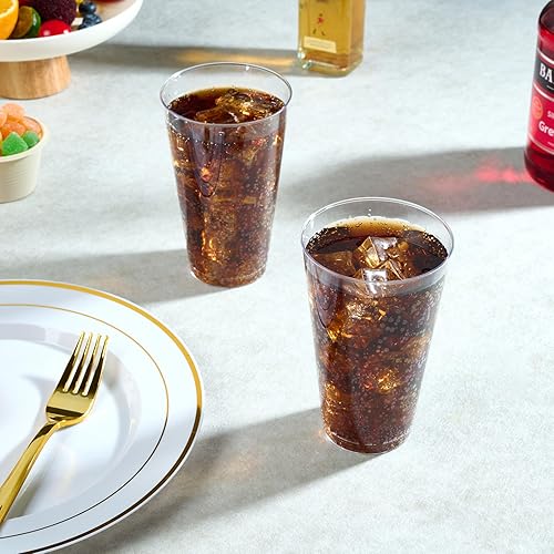Vista 5 de FOCUSLINE Paquete de 100 vasos de plástico transparente de 16 onzas, vasos desechables grandes reutilizables de plástico, vasos duros transparentes